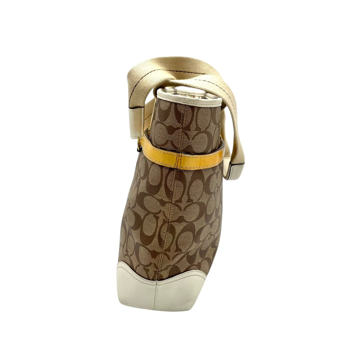 良品 COACH コーチ 11350 ヘリテージ ストライプ シグネチャー トートバッグ ライトブラウン アイボリー PVC レザー ゴールド金具 ロゴ 馬車柄 肩掛け ハンドバッグ レディース キャンバス 大型ロゴ デイリー S99