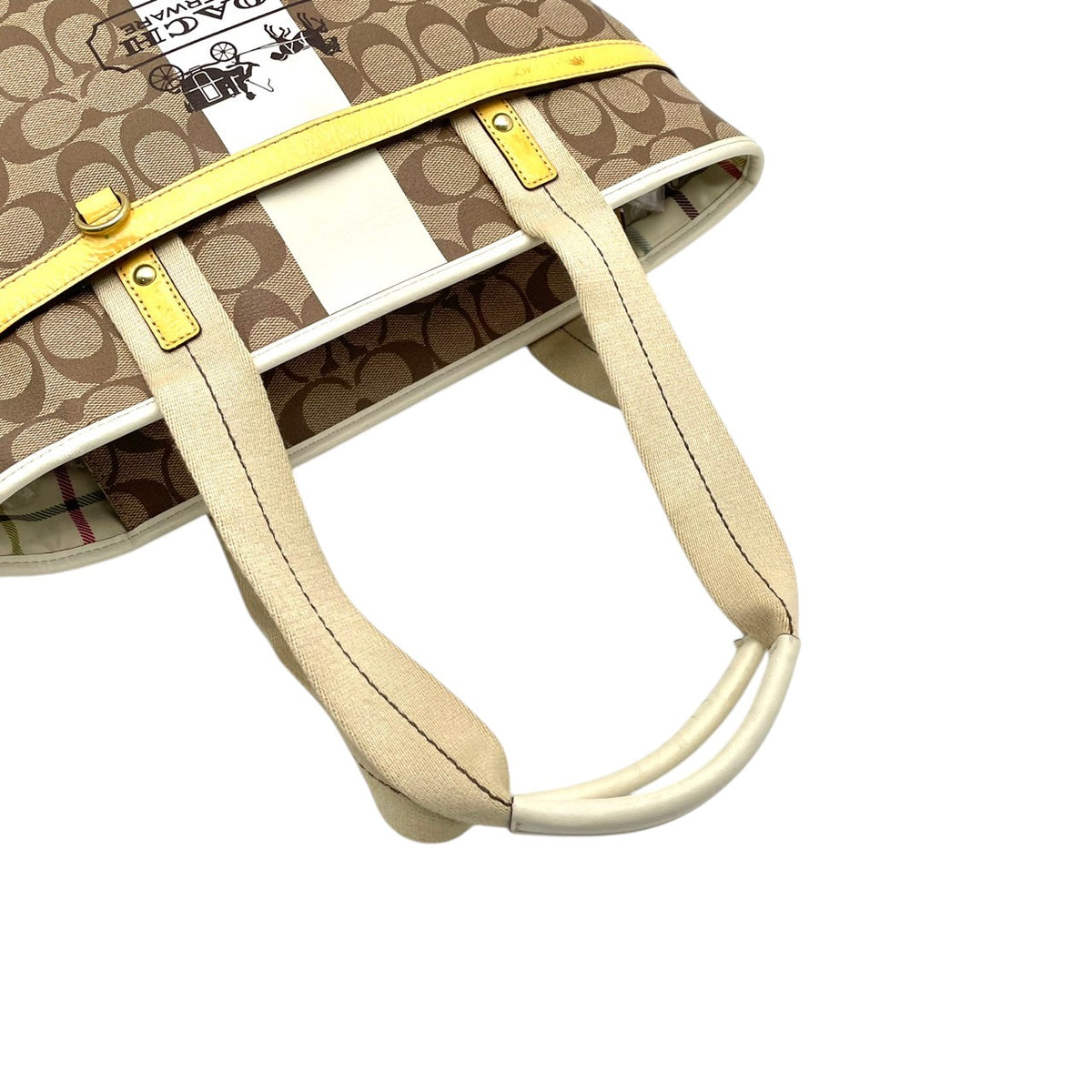 良品 COACH コーチ 11350 ヘリテージ ストライプ シグネチャー トートバッグ ライトブラウン アイボリー PVC レザー ゴールド金具 ロゴ 馬車柄 肩掛け ハンドバッグ レディース キャンバス 大型ロゴ デイリー S99