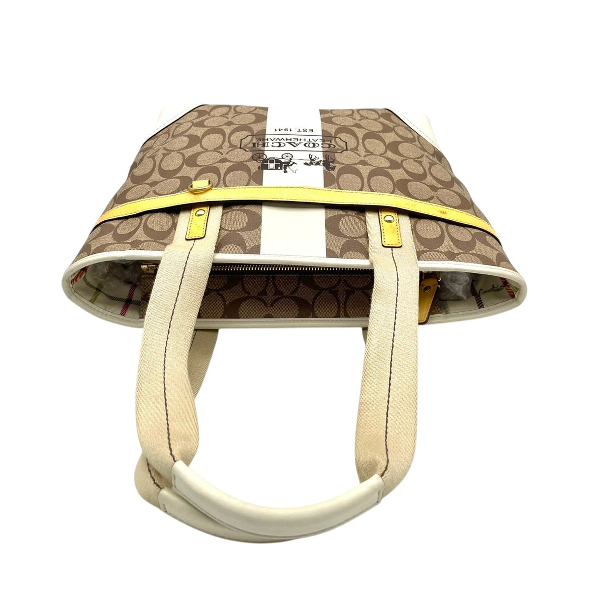 良品 COACH コーチ 11350 ヘリテージ ストライプ シグネチャー トートバッグ ライトブラウン アイボリー PVC レザー ゴールド金具 ロゴ 馬車柄 肩掛け ハンドバッグ レディース キャンバス 大型ロゴ デイリー S99