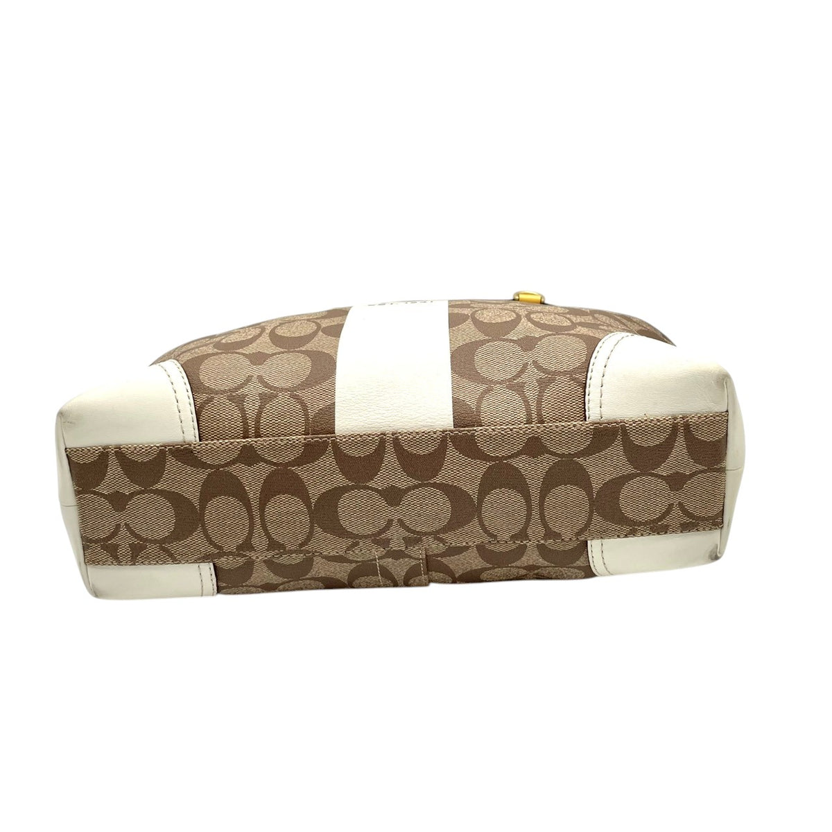 良品 COACH コーチ 11350 ヘリテージ ストライプ シグネチャー トートバッグ ライトブラウン アイボリー PVC レザー ゴールド金具 ロゴ 馬車柄 肩掛け ハンドバッグ レディース キャンバス 大型ロゴ デイリー S99