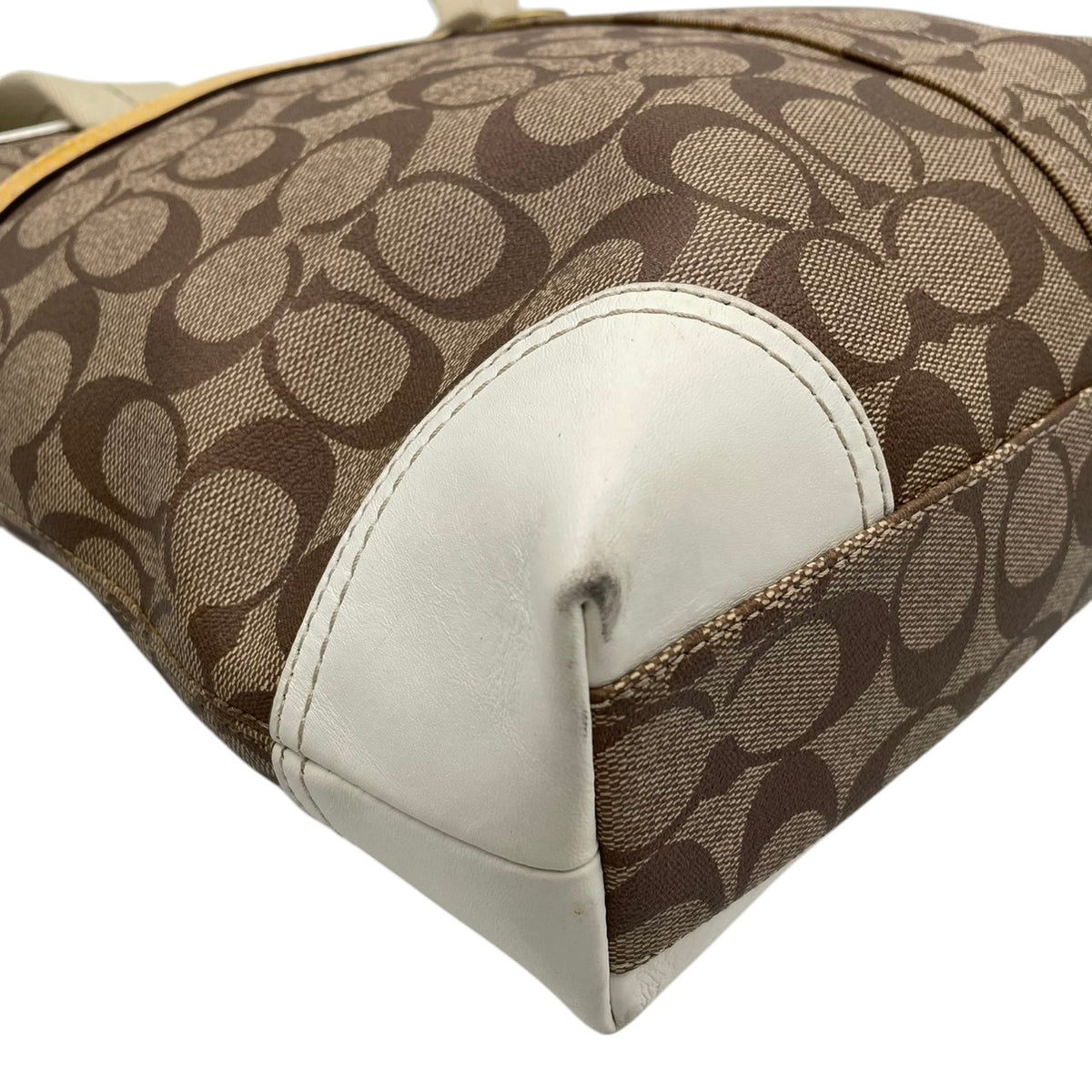 良品 COACH コーチ 11350 ヘリテージ ストライプ シグネチャー トートバッグ ライトブラウン アイボリー PVC レザー ゴールド金具 ロゴ 馬車柄 肩掛け ハンドバッグ レディース キャンバス 大型ロゴ デイリー S99