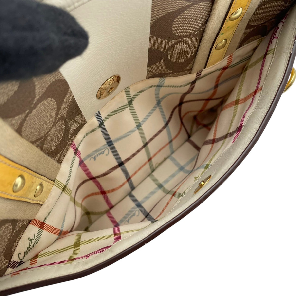 良品 COACH コーチ 11350 ヘリテージ ストライプ シグネチャー トートバッグ ライトブラウン アイボリー PVC レザー ゴールド金具 ロゴ 馬車柄 肩掛け ハンドバッグ レディース キャンバス 大型ロゴ デイリー S99