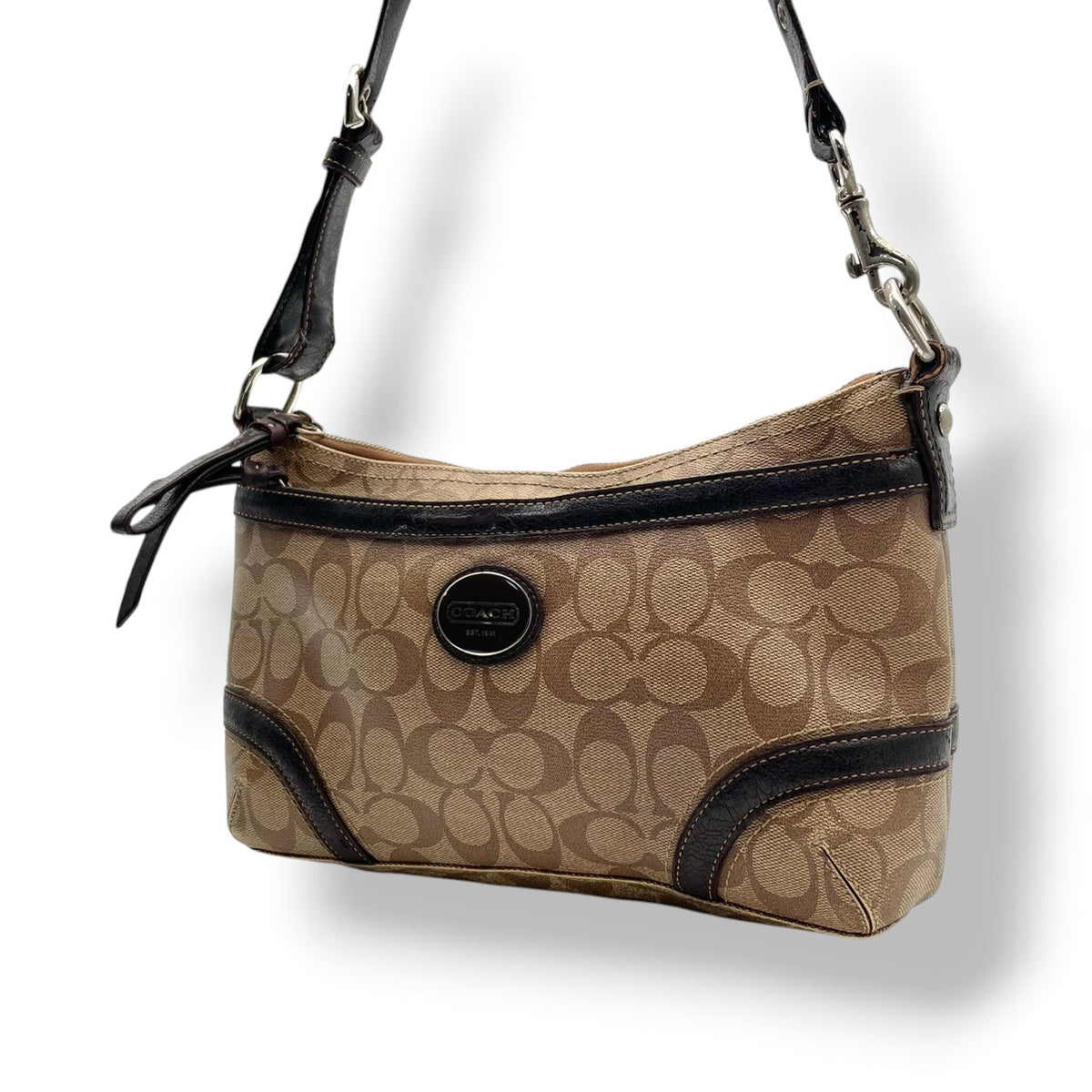 良品 COACH コーチ ヘリテージ シグネチャー ショルダーバッグ ライトブラウン ブラウン PVC レザー ロゴプレート シルバー金具 肩掛け 斜め掛け モノグラム ファスナー レディース ロゴ柄 カジュアル デイリー S99