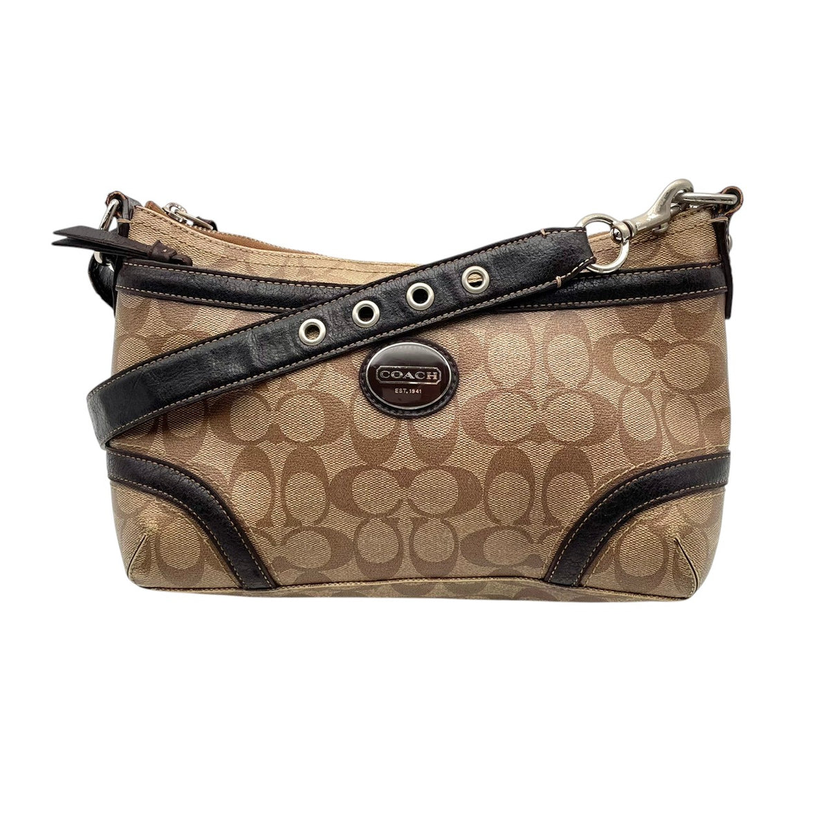 良品 COACH コーチ ヘリテージ シグネチャー ショルダーバッグ ライトブラウン ブラウン PVC レザー ロゴプレート シルバー金具 肩掛け 斜め掛け モノグラム ファスナー レディース ロゴ柄 カジュアル デイリー S99