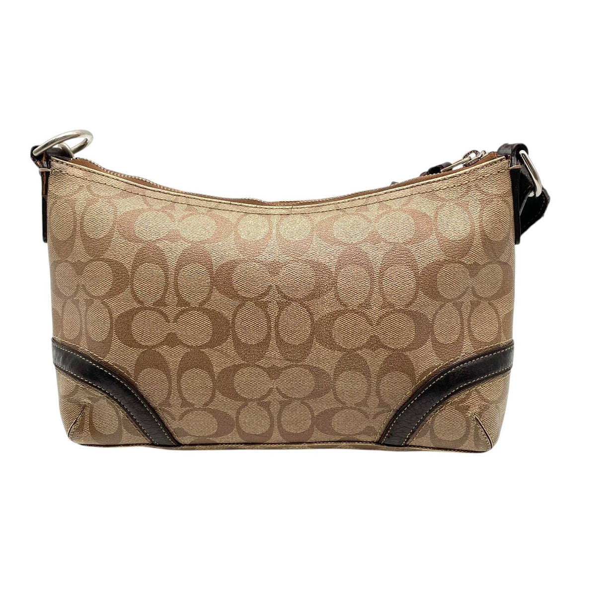 良品 COACH コーチ ヘリテージ シグネチャー ショルダーバッグ ライトブラウン ブラウン PVC レザー ロゴプレート シルバー金具 肩掛け 斜め掛け モノグラム ファスナー レディース ロゴ柄 カジュアル デイリー S99