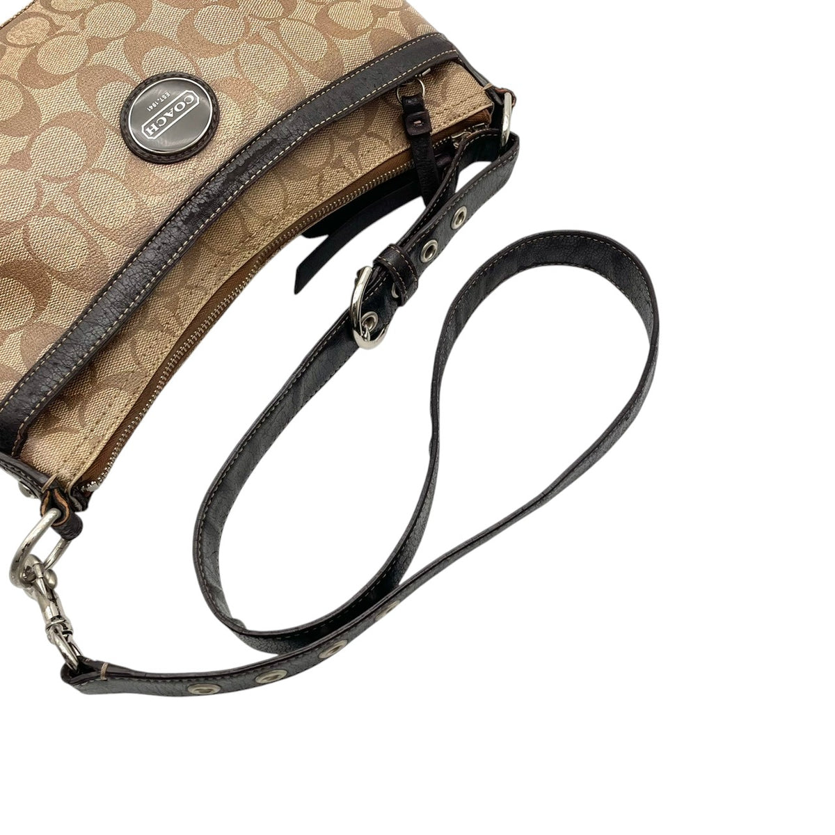 良品 COACH コーチ ヘリテージ シグネチャー ショルダーバッグ ライトブラウン ブラウン PVC レザー ロゴプレート シルバー金具 肩掛け 斜め掛け モノグラム ファスナー レディース ロゴ柄 カジュアル デイリー S99
