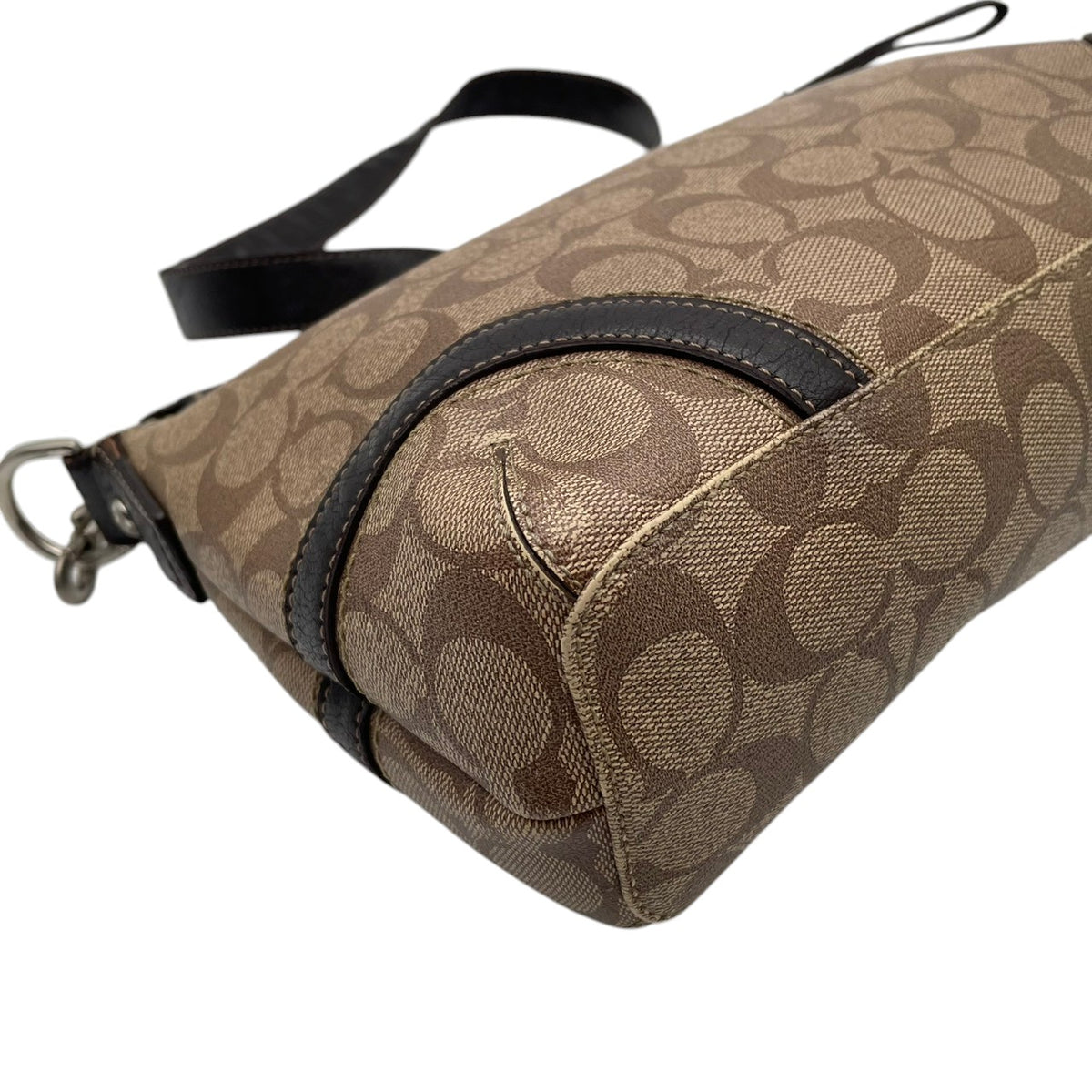 良品 COACH コーチ ヘリテージ シグネチャー ショルダーバッグ ライトブラウン ブラウン PVC レザー ロゴプレート シルバー金具 肩掛け 斜め掛け モノグラム ファスナー レディース ロゴ柄 カジュアル デイリー S99
