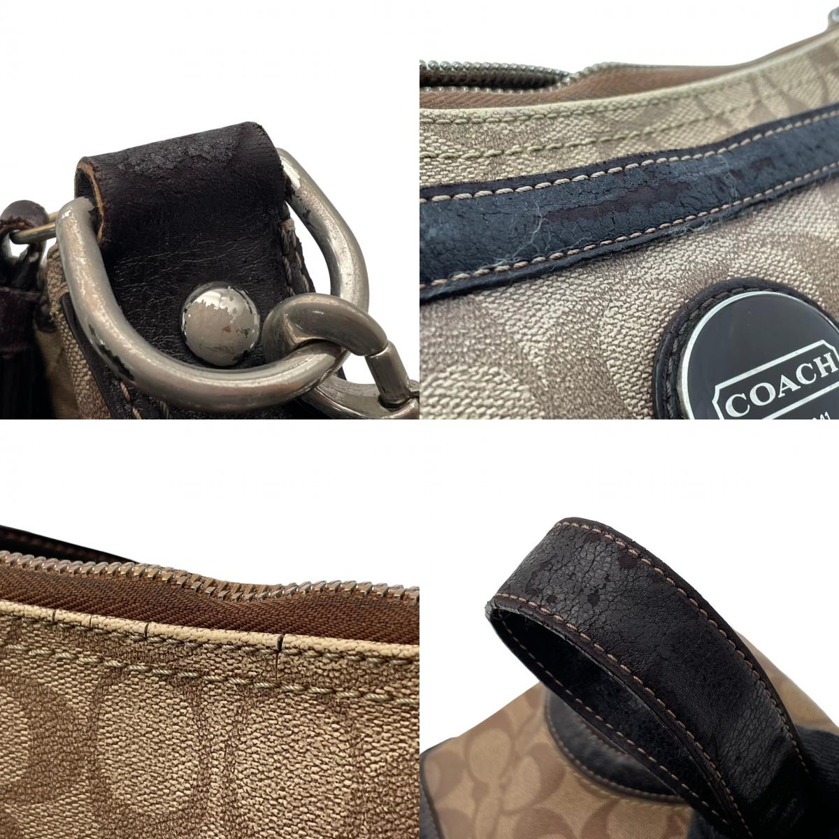良品 COACH コーチ ヘリテージ シグネチャー ショルダーバッグ ライトブラウン ブラウン PVC レザー ロゴプレート シルバー金具 肩掛け 斜め掛け モノグラム ファスナー レディース ロゴ柄 カジュアル デイリー S99