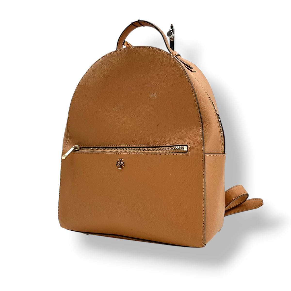 TORY BURCH トリーバーチ Emerson エマーソン バックパック リュック デイパック キャメル レザー サフィアーノ調 ダブルT ロゴ ゴールド金具 フロントポケット ファスナー 無地 レディース 通勤 通学 カジュアル デイリー S95