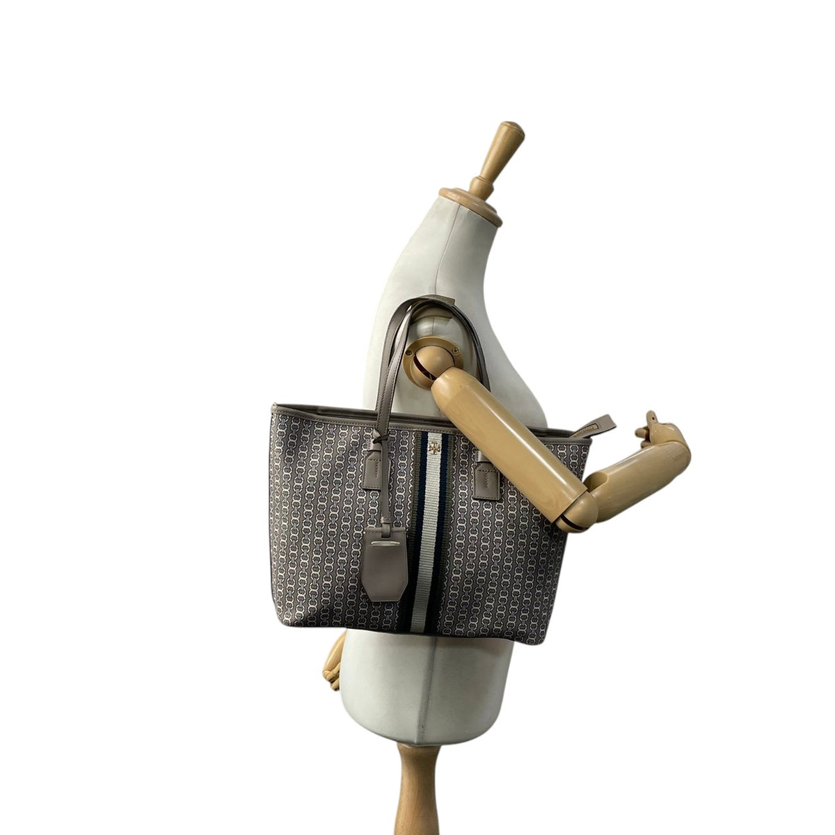 良品 TORY BURCH トリーバーチ Gemini Link ジェミニリンク トートバッグ グレー コーティングキャンバス レザー 総柄 ストライプ ダブルT ロゴ ゴールド金具 ファスナー 肩掛け ハンドバッグ レディース S95
