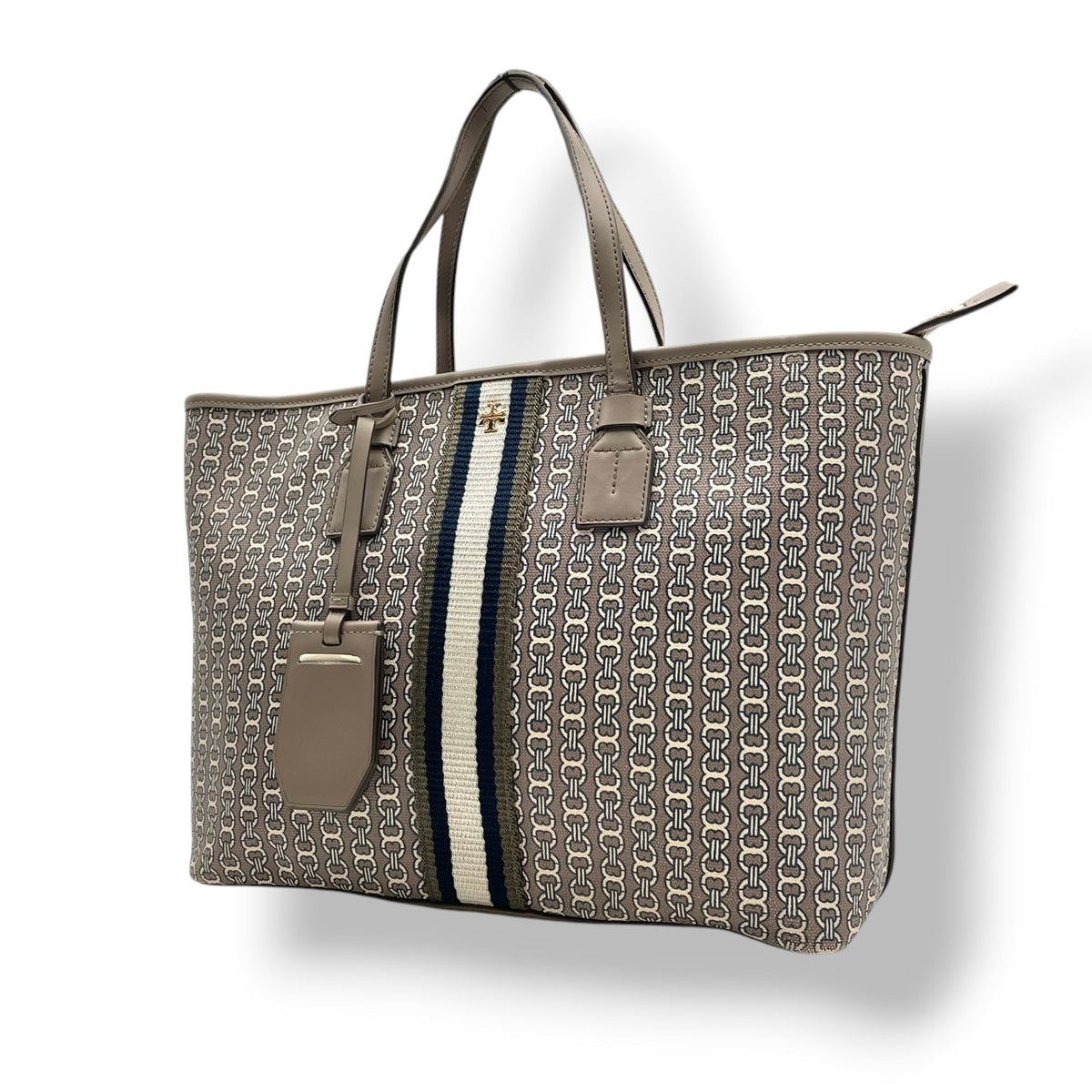 良品 TORY BURCH トリーバーチ Gemini Link ジェミニリンク トートバッグ グレー コーティングキャンバス レザー 総柄 ストライプ ダブルT ロゴ ゴールド金具 ファスナー 肩掛け ハンドバッグ レディース S95