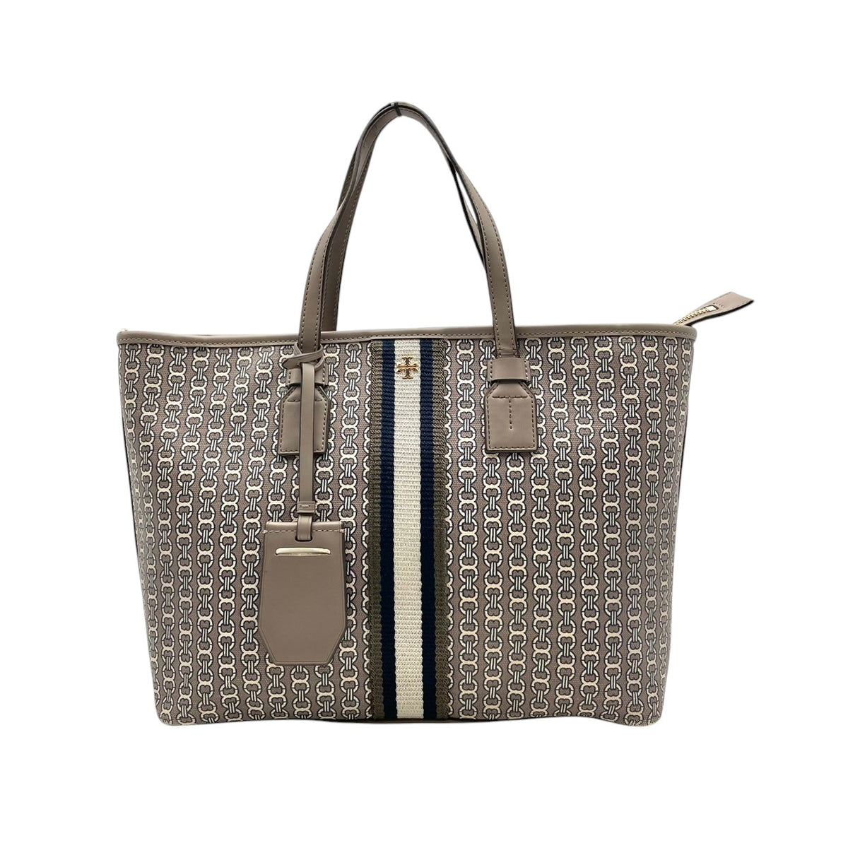 良品 TORY BURCH トリーバーチ Gemini Link ジェミニリンク トートバッグ グレー コーティングキャンバス レザー 総柄 ストライプ ダブルT ロゴ ゴールド金具 ファスナー 肩掛け ハンドバッグ レディース S95