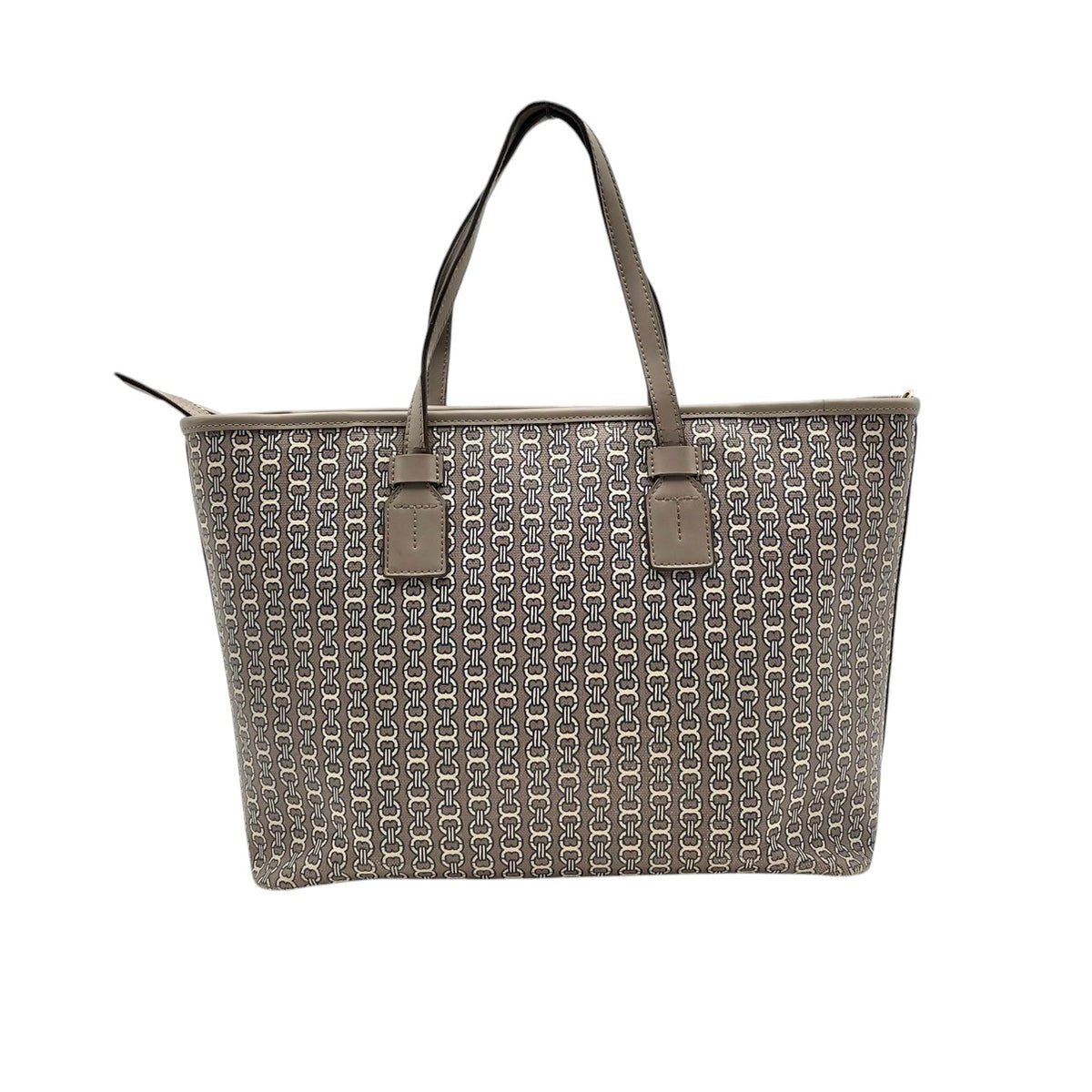 良品 TORY BURCH トリーバーチ Gemini Link ジェミニリンク トートバッグ グレー コーティングキャンバス レザー 総柄 ストライプ ダブルT ロゴ ゴールド金具 ファスナー 肩掛け ハンドバッグ レディース S95
