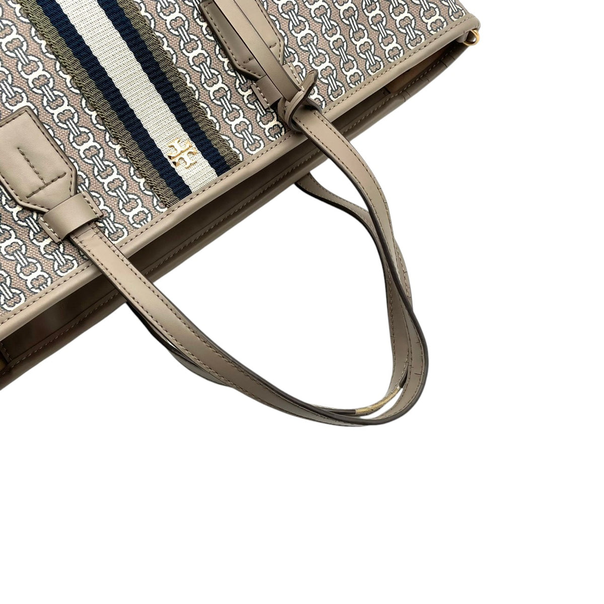 良品 TORY BURCH トリーバーチ Gemini Link ジェミニリンク トートバッグ グレー コーティングキャンバス レザー 総柄 ストライプ ダブルT ロゴ ゴールド金具 ファスナー 肩掛け ハンドバッグ レディース S95