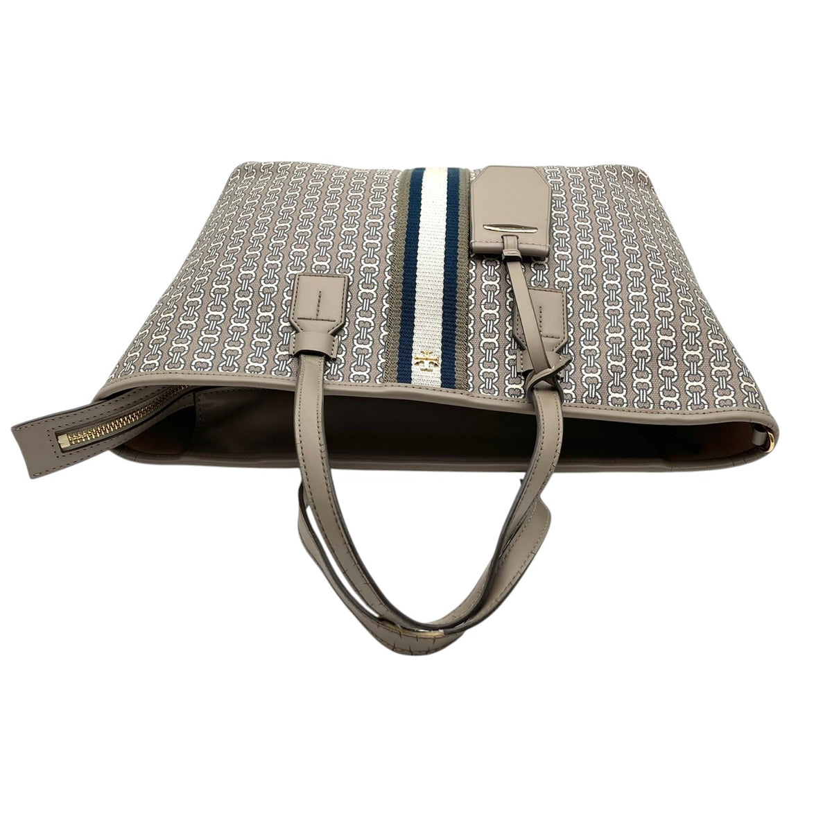 良品 TORY BURCH トリーバーチ Gemini Link ジェミニリンク トートバッグ グレー コーティングキャンバス レザー 総柄 ストライプ ダブルT ロゴ ゴールド金具 ファスナー 肩掛け ハンドバッグ レディース S95