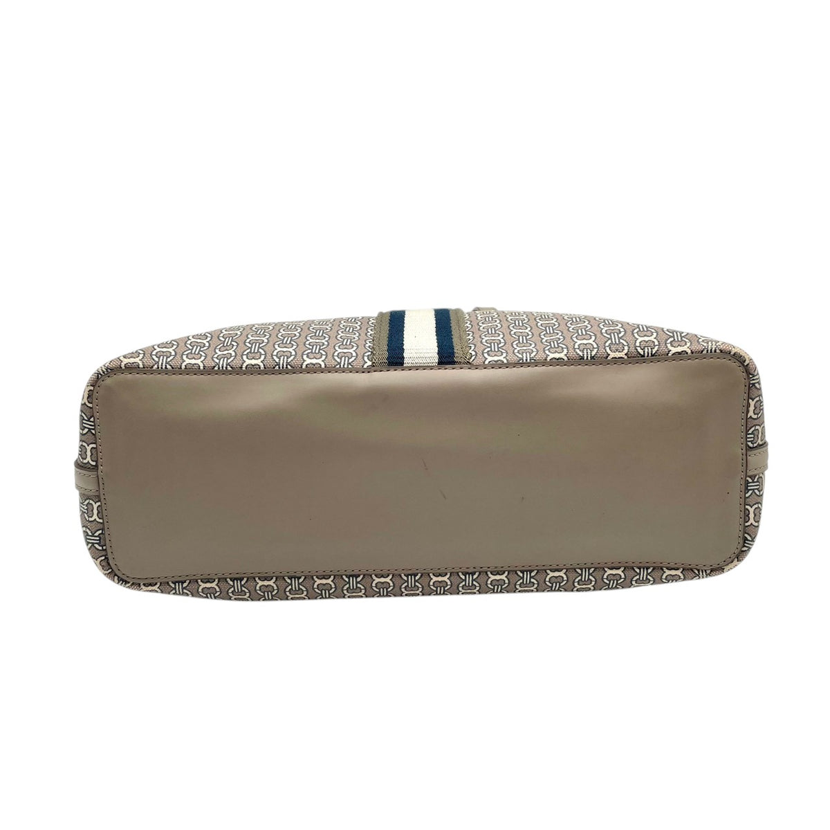 良品 TORY BURCH トリーバーチ Gemini Link ジェミニリンク トートバッグ グレー コーティングキャンバス レザー 総柄 ストライプ ダブルT ロゴ ゴールド金具 ファスナー 肩掛け ハンドバッグ レディース S95