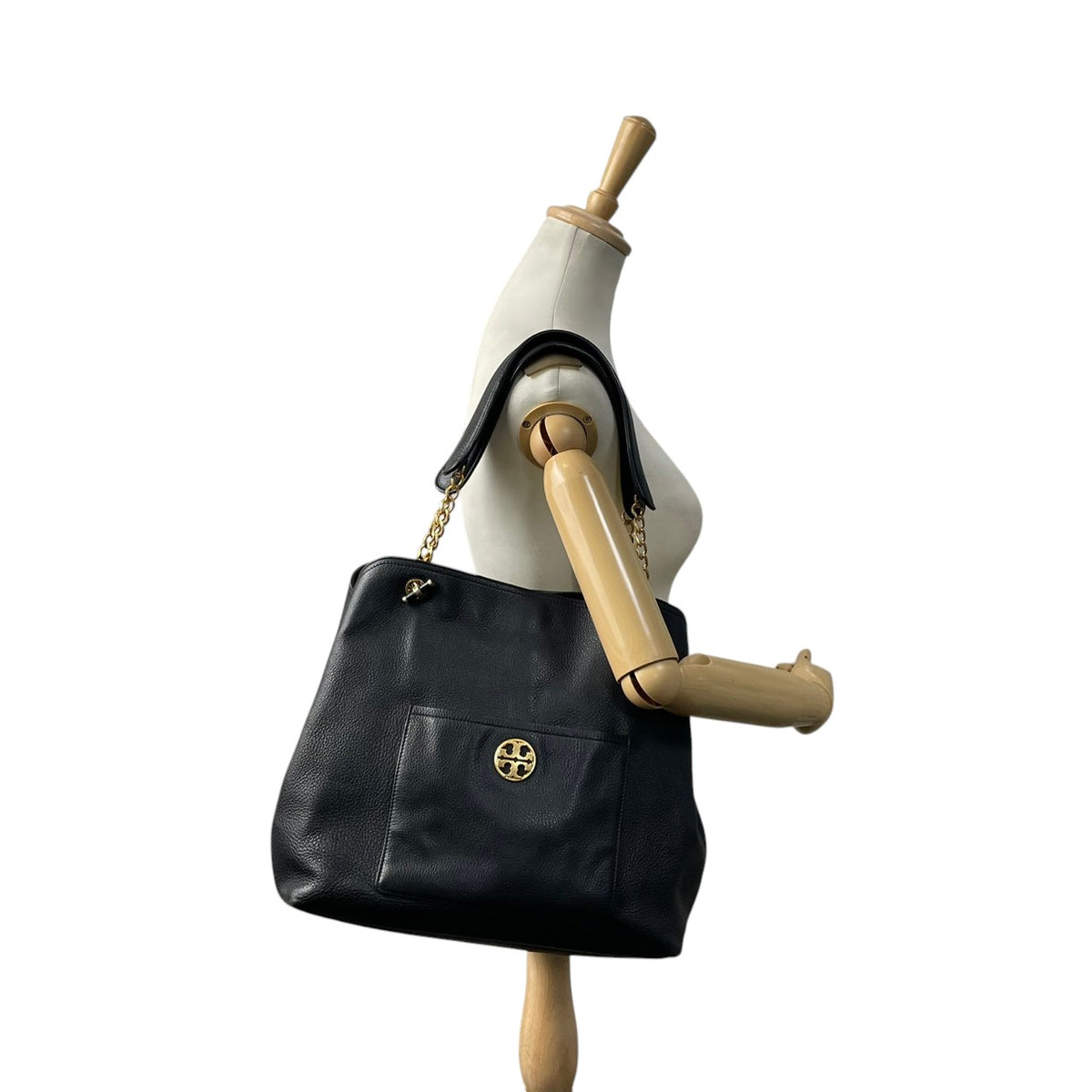 良品 TORY BURCH トリーバーチ Chelsea チェルシー スラウチー レザー トートバッグ ブラック 黒 ゴールド金具 チェーンハンドル ダブルT ロゴ 肩掛け ショルダーバッグ フロントポケット レディース 通勤 デイリー S95