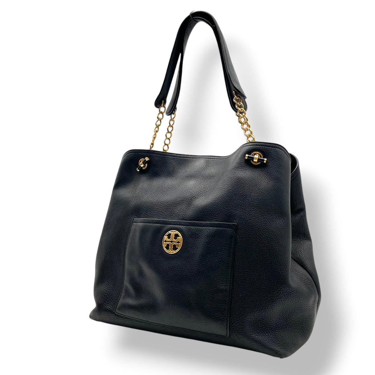 良品 TORY BURCH トリーバーチ Chelsea チェルシー スラウチー レザー トートバッグ ブラック 黒 ゴールド金具 チェーンハンドル ダブルT ロゴ 肩掛け ショルダーバッグ フロントポケット レディース 通勤 デイリー S95
