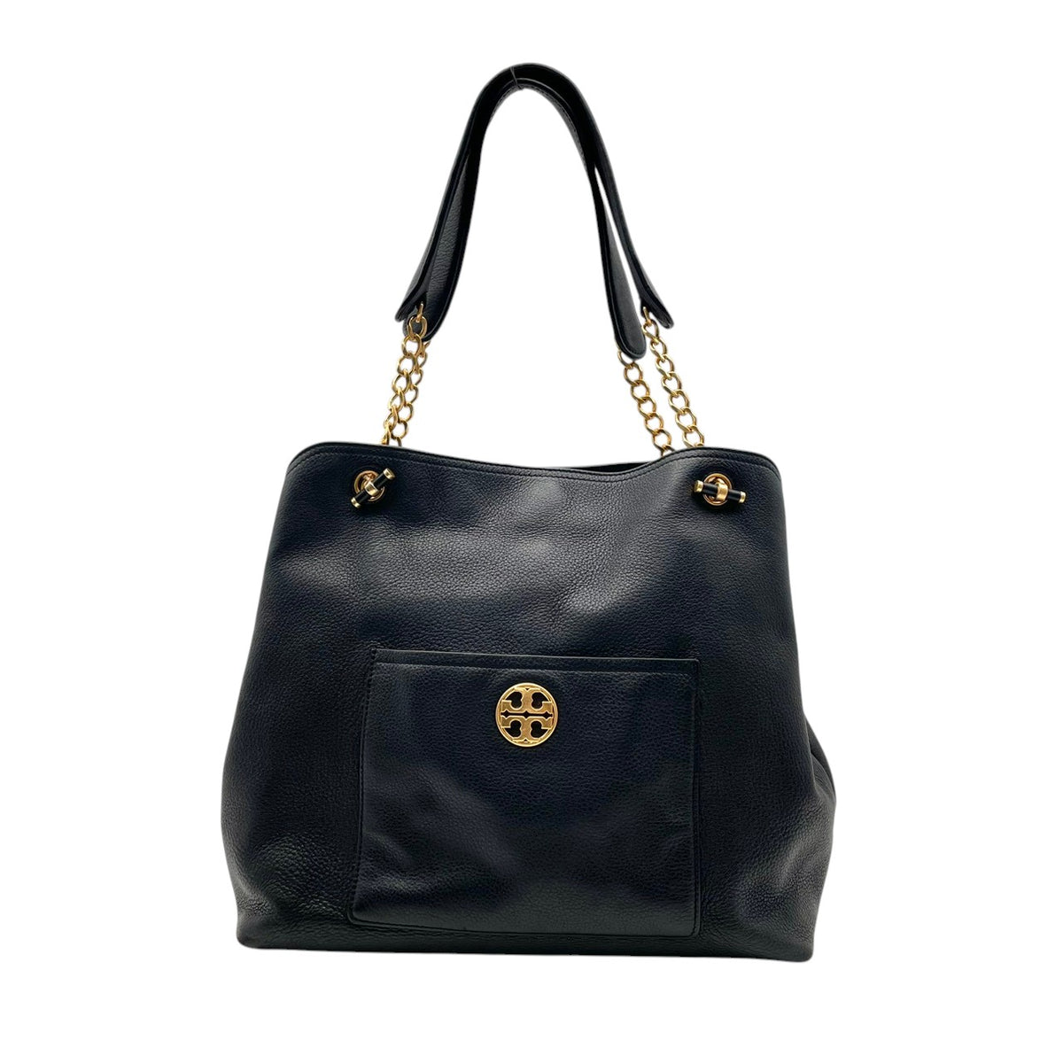 良品 TORY BURCH トリーバーチ Chelsea チェルシー スラウチー レザー トートバッグ ブラック 黒 ゴールド金具 チェーンハンドル ダブルT ロゴ 肩掛け ショルダーバッグ フロントポケット レディース 通勤 デイリー S95