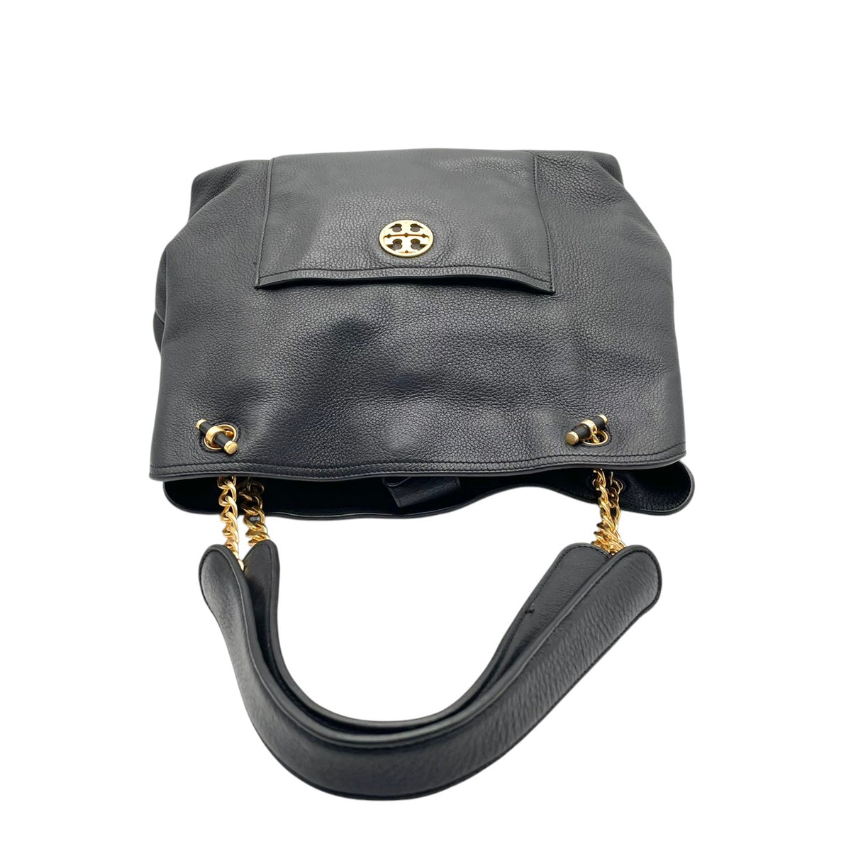 良品 TORY BURCH トリーバーチ Chelsea チェルシー スラウチー レザー トートバッグ ブラック 黒 ゴールド金具 チェーンハンドル ダブルT ロゴ 肩掛け ショルダーバッグ フロントポケット レディース 通勤 デイリー S95