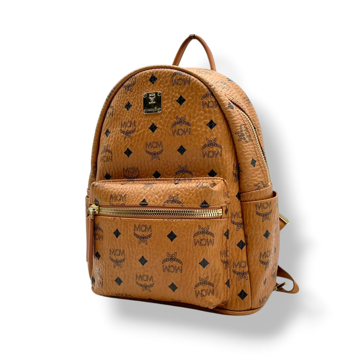 良品 MCM エムシーエム Stark スターク バックパック リュック キャメルブラウン Visetos ヴィセトス モノグラム コーティングキャンバス レザー ゴールド金具 ロゴプレート 総柄 フロントポケット レディース メンズ デイパック S95