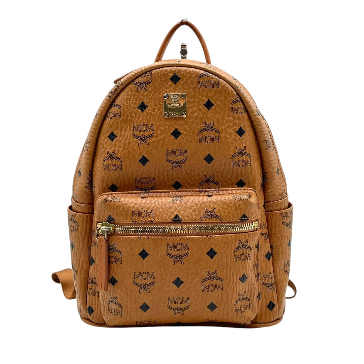 良品 MCM エムシーエム Stark スターク バックパック リュック キャメルブラウン Visetos ヴィセトス モノグラム コーティングキャンバス レザー ゴールド金具 ロゴプレート 総柄 フロントポケット レディース メンズ デイパック S95