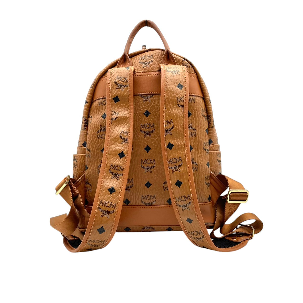 良品 MCM エムシーエム Stark スターク バックパック リュック キャメルブラウン Visetos ヴィセトス モノグラム コーティングキャンバス レザー ゴールド金具 ロゴプレート 総柄 フロントポケット レディース メンズ デイパック S95