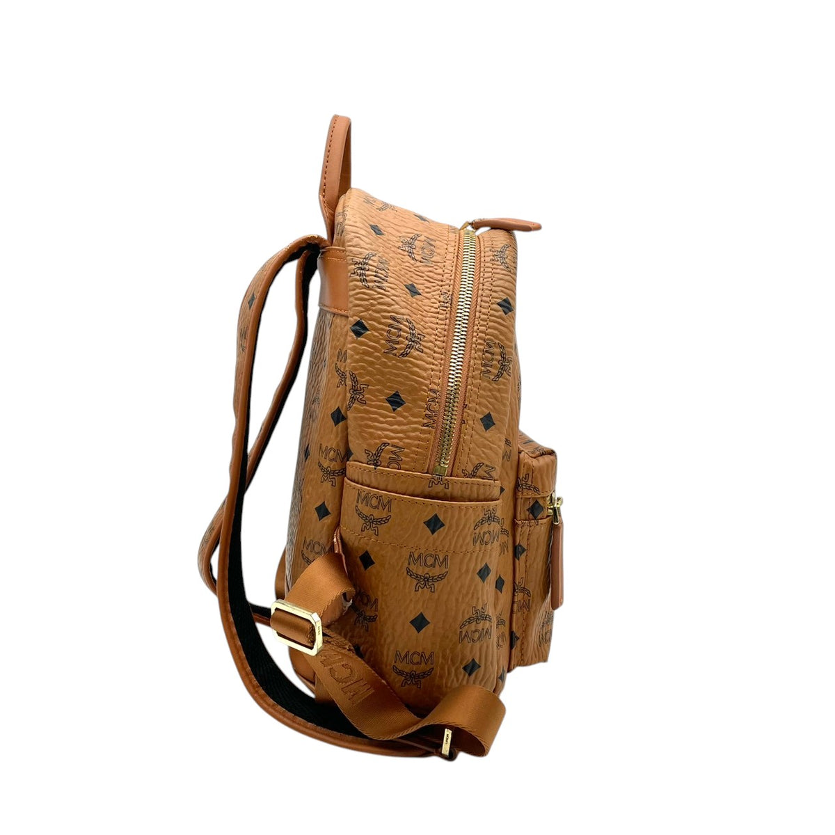 良品 MCM エムシーエム Stark スターク バックパック リュック キャメルブラウン Visetos ヴィセトス モノグラム コーティングキャンバス レザー ゴールド金具 ロゴプレート 総柄 フロントポケット レディース メンズ デイパック S95