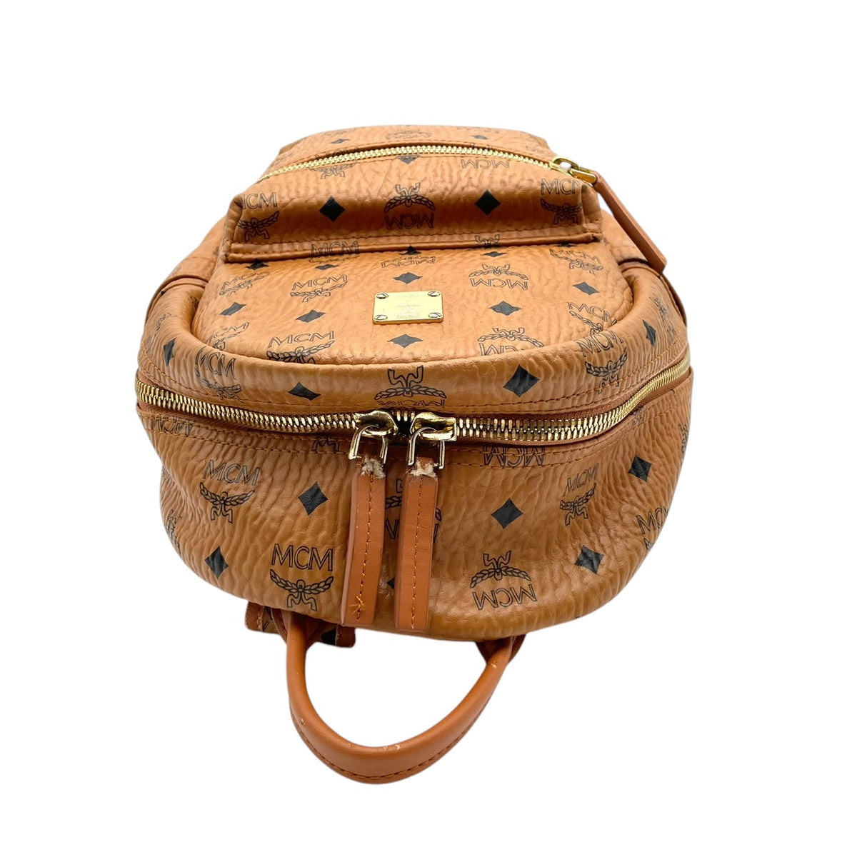 良品 MCM エムシーエム Stark スターク バックパック リュック キャメルブラウン Visetos ヴィセトス モノグラム コーティングキャンバス レザー ゴールド金具 ロゴプレート 総柄 フロントポケット レディース メンズ デイパック S95