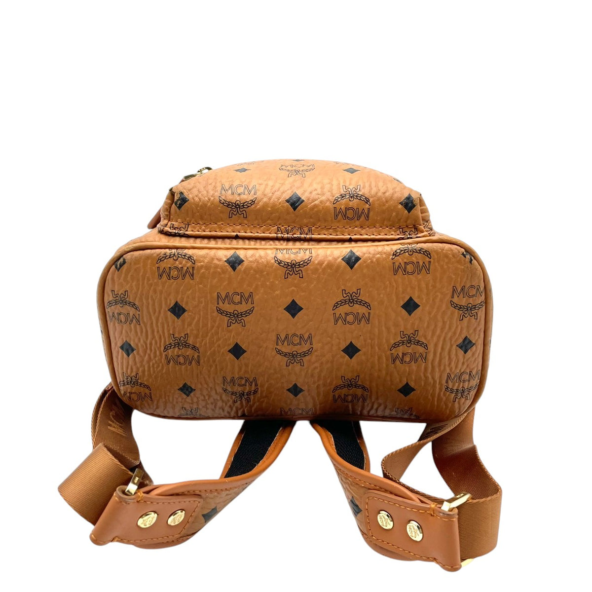 良品 MCM エムシーエム Stark スターク バックパック リュック キャメルブラウン Visetos ヴィセトス モノグラム コーティングキャンバス レザー ゴールド金具 ロゴプレート 総柄 フロントポケット レディース メンズ デイパック S95