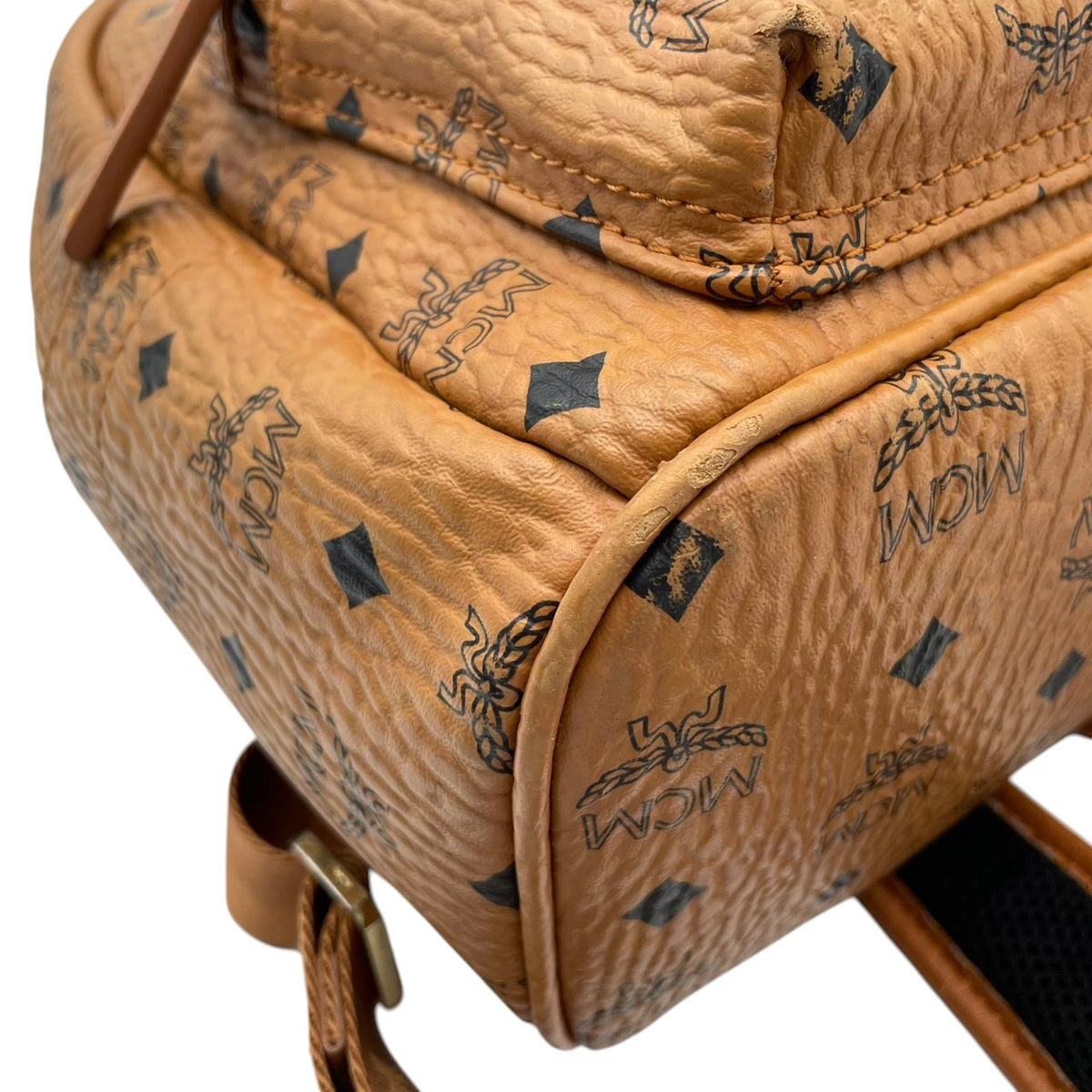 良品 MCM エムシーエム Stark スターク バックパック リュック キャメルブラウン Visetos ヴィセトス モノグラム コーティングキャンバス レザー ゴールド金具 ロゴプレート 総柄 フロントポケット レディース メンズ デイパック S95