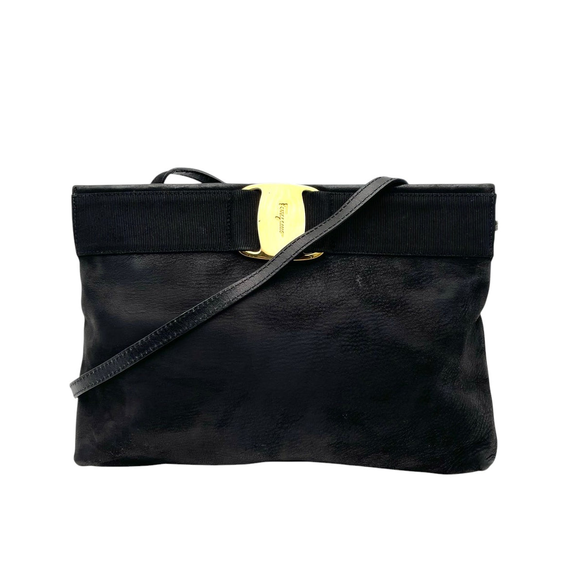 良品 Salvatore Ferragamo フェラガモ D210588 ヴァラ リボン ショルダーバッグ ブラック 黒 レザー ゴールド金具 肩掛け クラッチバッグ バネ口金 ロゴ レディース フォーマル 冠婚葬祭 パーティー S95