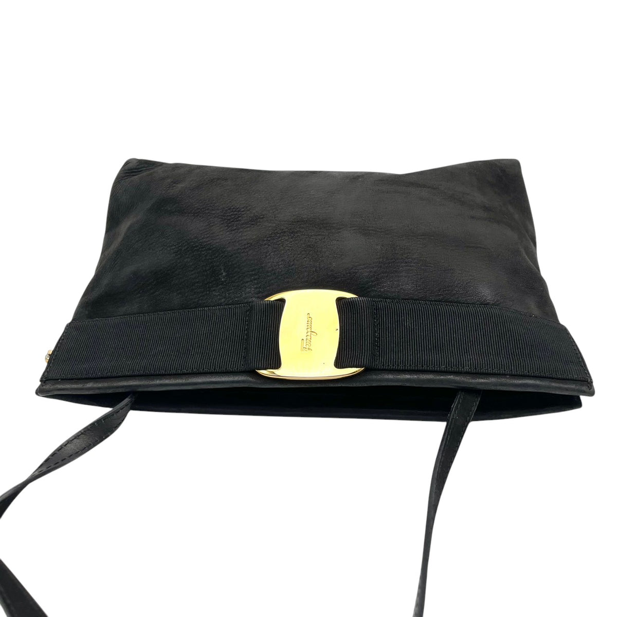 良品 Salvatore Ferragamo フェラガモ D210588 ヴァラ リボン ショルダーバッグ ブラック 黒 レザー ゴールド金具 肩掛け クラッチバッグ バネ口金 ロゴ レディース フォーマル 冠婚葬祭 パーティー S95