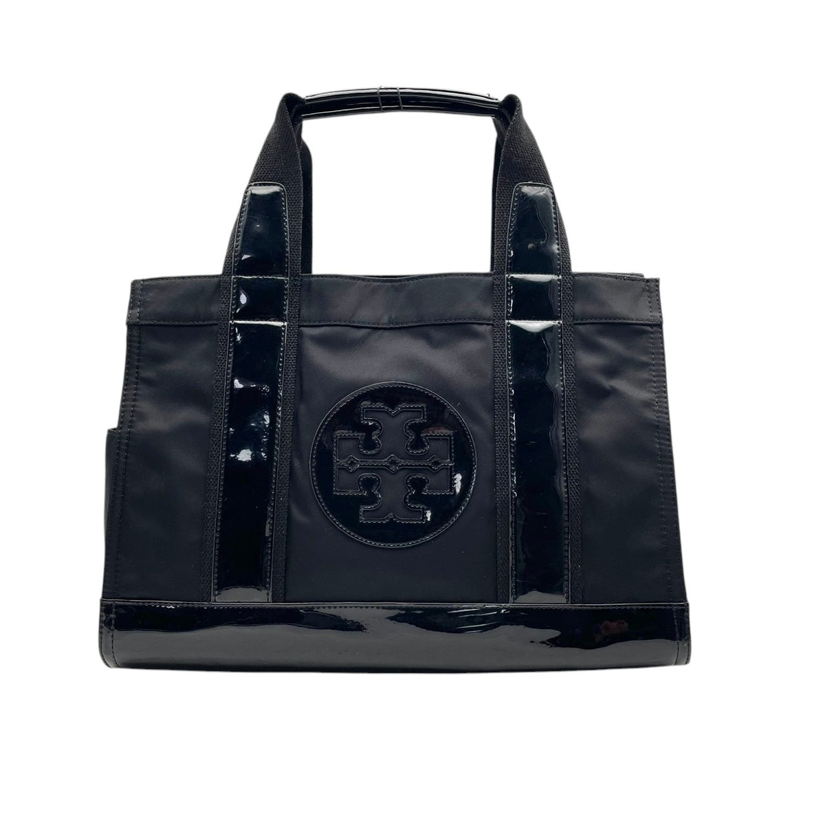 良品 TORY BURCH トリーバーチ Ella エラ トートバッグ ブラック 黒 ナイロン エナメル パテント ダブルT ロゴ 肩掛け ハンドバッグ レディース サイドポケット 光沢 A4収納 通勤 通学 デイリー スクエア S95