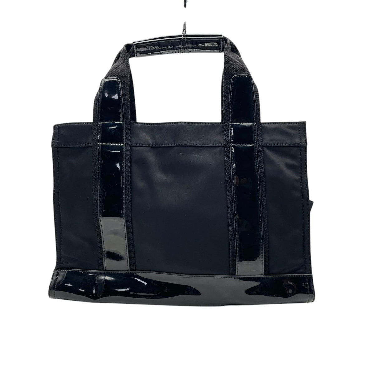 良品 TORY BURCH トリーバーチ Ella エラ トートバッグ ブラック 黒 ナイロン エナメル パテント ダブルT ロゴ 肩掛け ハンドバッグ レディース サイドポケット 光沢 A4収納 通勤 通学 デイリー スクエア S95