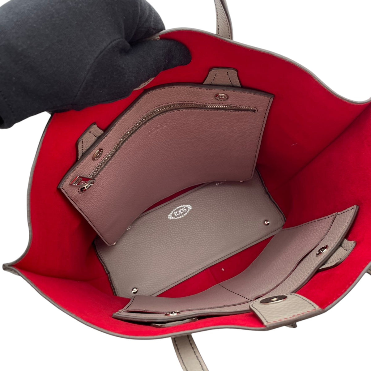 良品 TOD'S トッズ JOY ジョイ トートバッグ ピンクグレー レザー シボ革 ロゴ 型押し 肩掛け ハンドバッグ レディース 大容量 A4収納 通勤 ビジネス ショッピングバッグ シンプル 上品 デイリー S22