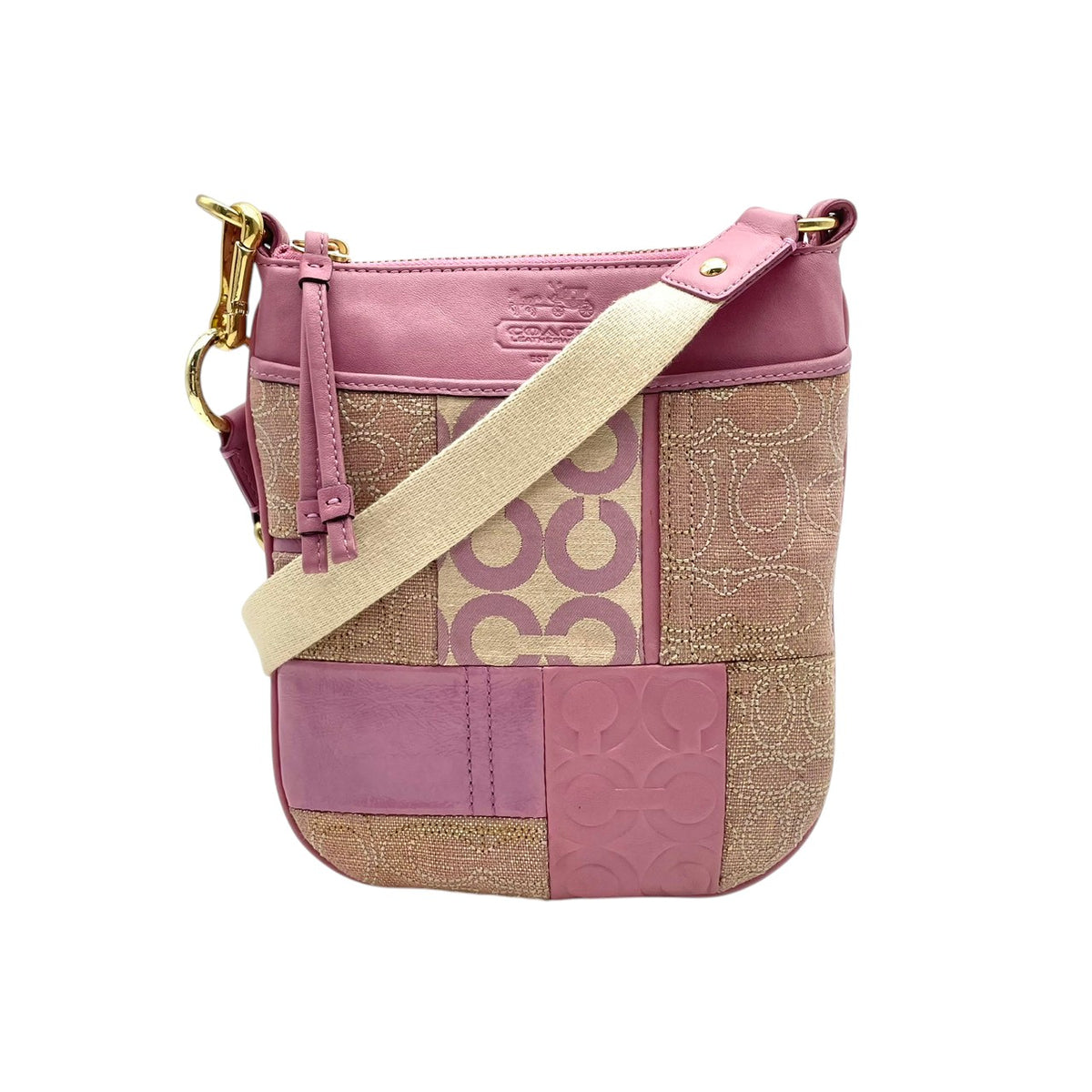 美品 COACH コーチ 42683 Ali アリ パッチワーク スイングパック ショルダーバッグ ピンク パープル シグネチャー キャンバス レザー ゴールド金具 斜め掛け クロスボディ レディース ロゴ 総柄 S22 ファスナー開閉