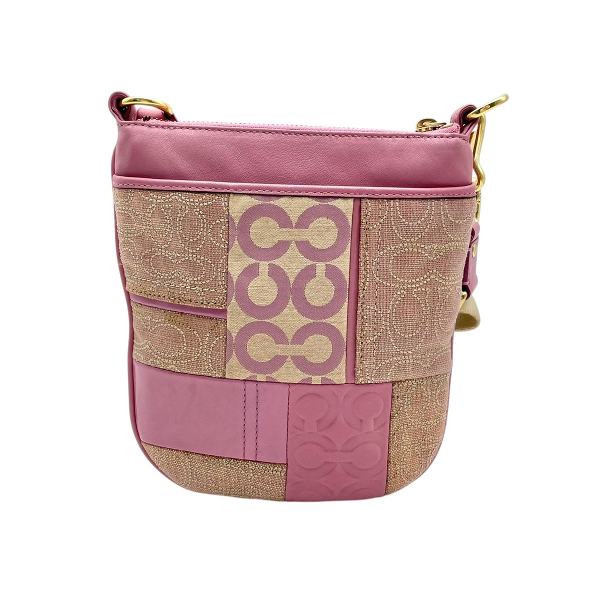 美品 COACH コーチ 42683 Ali アリ パッチワーク スイングパック ショルダーバッグ ピンク パープル シグネチャー キャンバス レザー ゴールド金具 斜め掛け クロスボディ レディース ロゴ 総柄 S22 ファスナー開閉