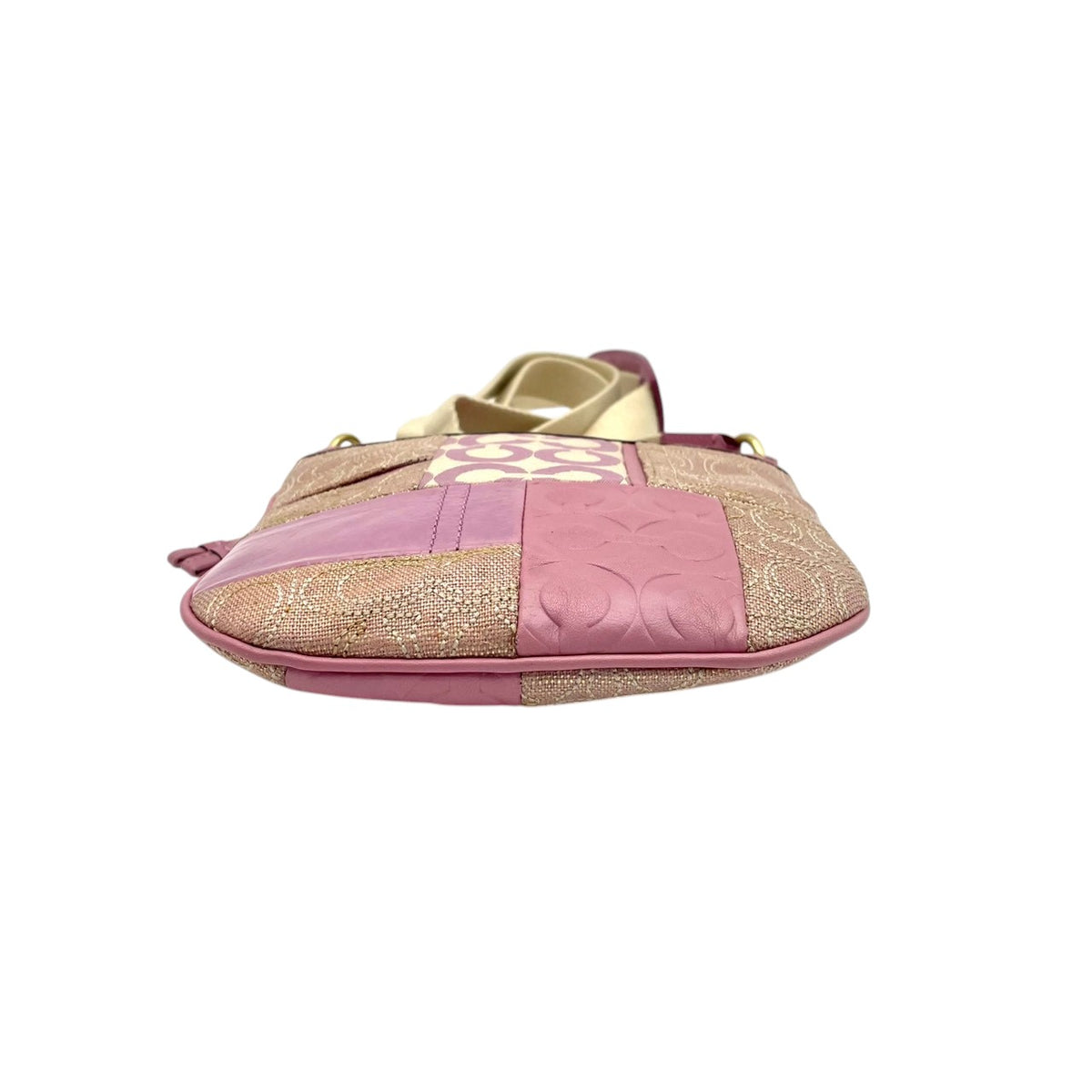美品 COACH コーチ 42683 Ali アリ パッチワーク スイングパック ショルダーバッグ ピンク パープル シグネチャー キャンバス レザー ゴールド金具 斜め掛け クロスボディ レディース ロゴ 総柄 S22 ファスナー開閉