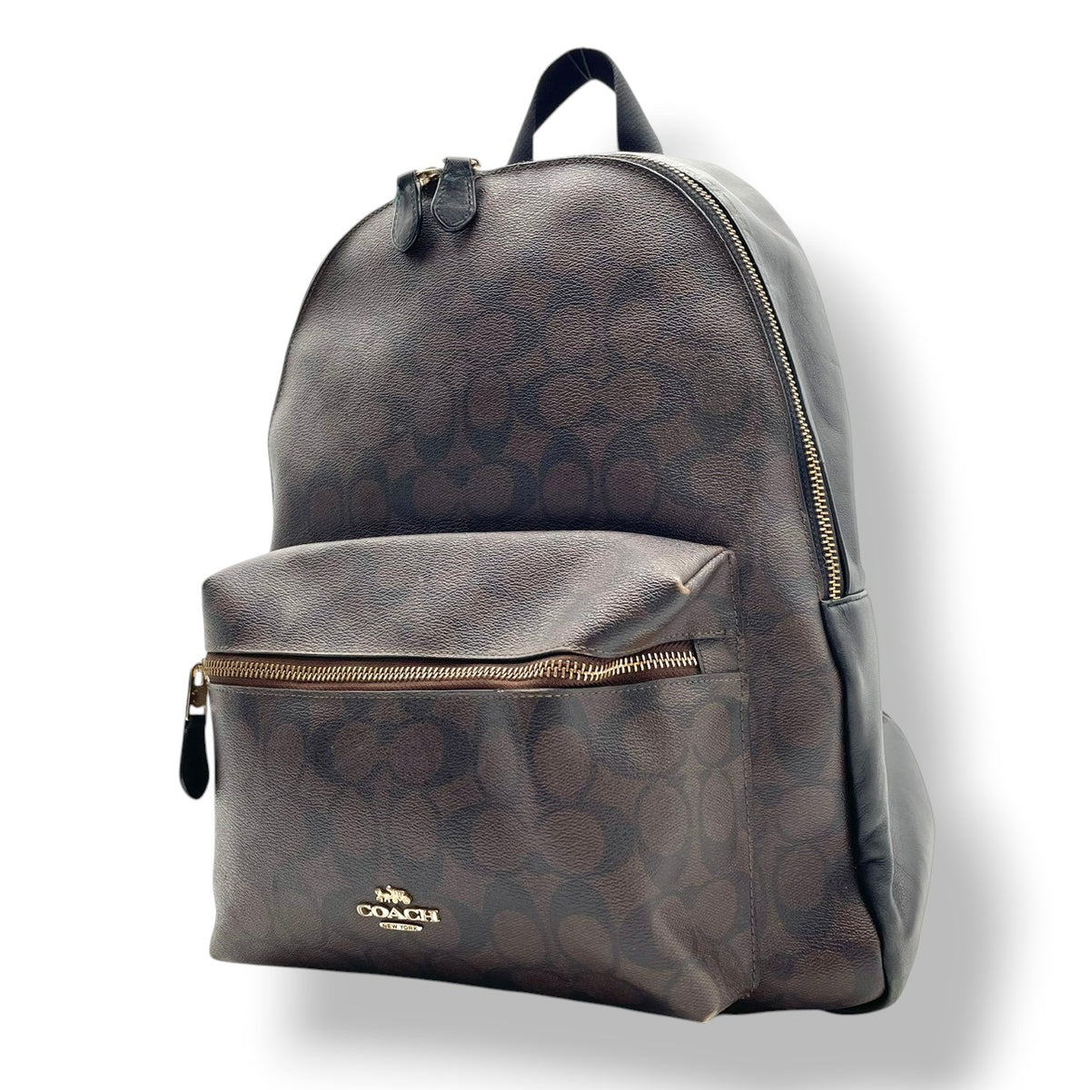 良品 COACH コーチ F58314 チャーリー バックパック シグネチャー リュック デイパック ブラウン ブラック PVC コーティングキャンバス レザー ゴールド金具 ロゴ 総柄 ファスナー レディース 通勤 通学 S22