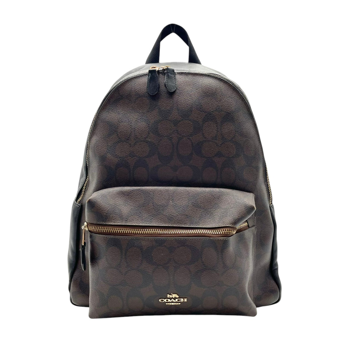良品 COACH コーチ F58314 チャーリー バックパック シグネチャー リュック デイパック ブラウン ブラック PVC コーティングキャンバス レザー ゴールド金具 ロゴ 総柄 ファスナー レディース 通勤 通学 S22