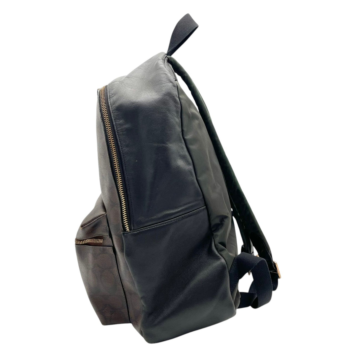 良品 COACH コーチ F58314 チャーリー バックパック シグネチャー リュック デイパック ブラウン ブラック PVC コーティングキャンバス レザー ゴールド金具 ロゴ 総柄 ファスナー レディース 通勤 通学 S22