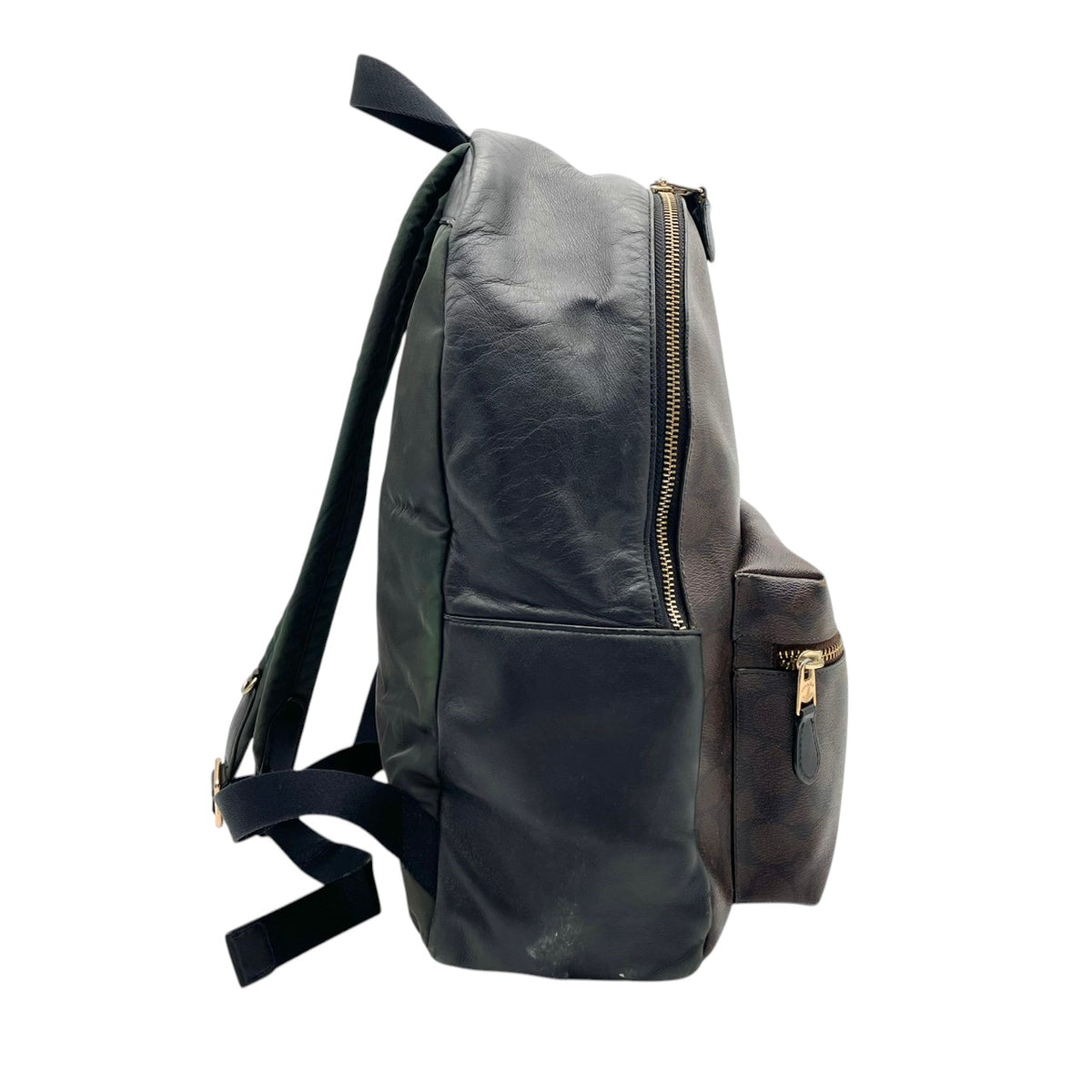 良品 COACH コーチ F58314 チャーリー バックパック シグネチャー リュック デイパック ブラウン ブラック PVC コーティングキャンバス レザー ゴールド金具 ロゴ 総柄 ファスナー レディース 通勤 通学 S22