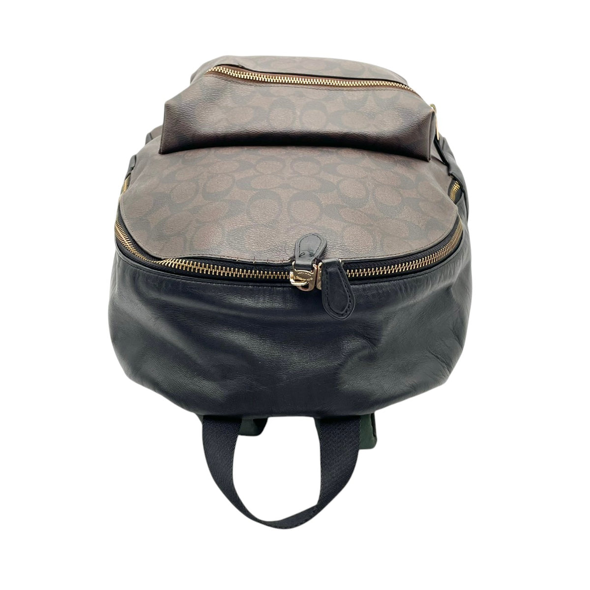 良品 COACH コーチ F58314 チャーリー バックパック シグネチャー リュック デイパック ブラウン ブラック PVC コーティングキャンバス レザー ゴールド金具 ロゴ 総柄 ファスナー レディース 通勤 通学 S22