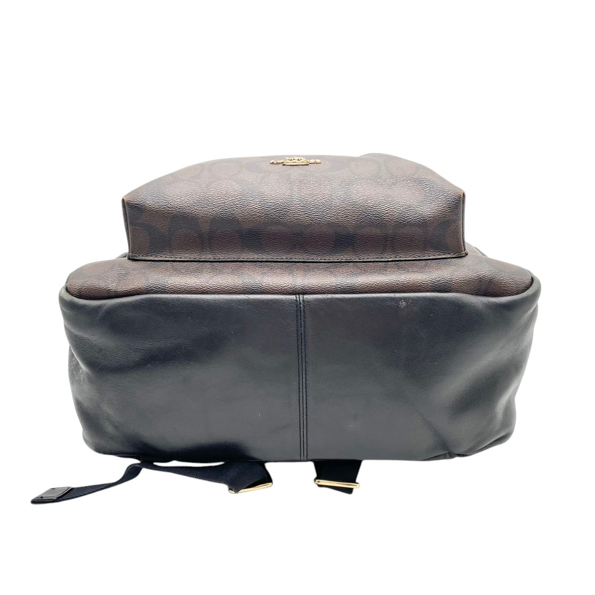 良品 COACH コーチ F58314 チャーリー バックパック シグネチャー リュック デイパック ブラウン ブラック PVC コーティングキャンバス レザー ゴールド金具 ロゴ 総柄 ファスナー レディース 通勤 通学 S22