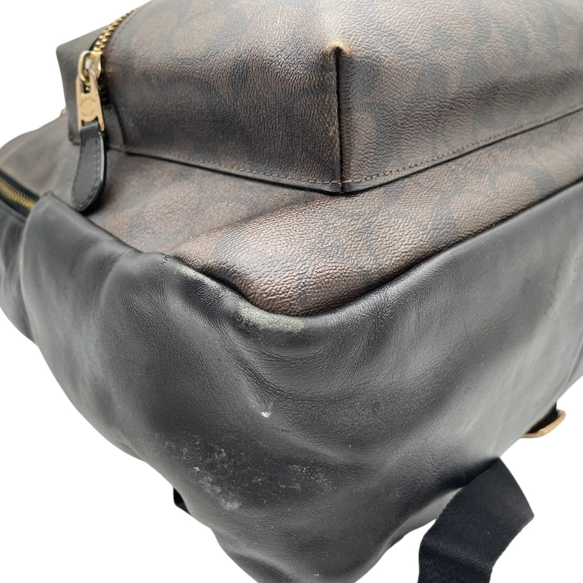 良品 COACH コーチ F58314 チャーリー バックパック シグネチャー リュック デイパック ブラウン ブラック PVC コーティングキャンバス レザー ゴールド金具 ロゴ 総柄 ファスナー レディース 通勤 通学 S22