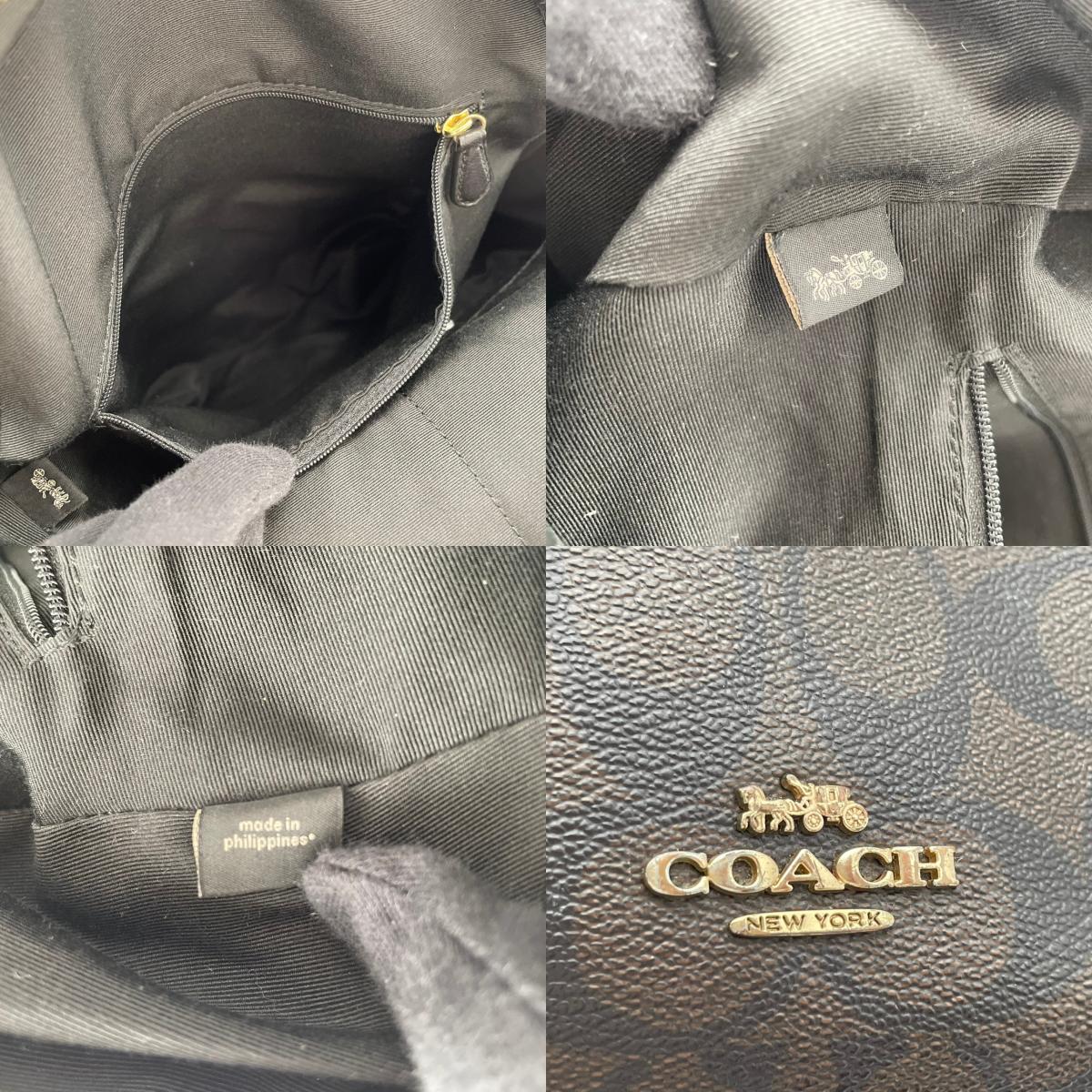 良品 COACH コーチ F58314 チャーリー バックパック シグネチャー リュック デイパック ブラウン ブラック PVC コーティングキャンバス レザー ゴールド金具 ロゴ 総柄 ファスナー レディース 通勤 通学 S22