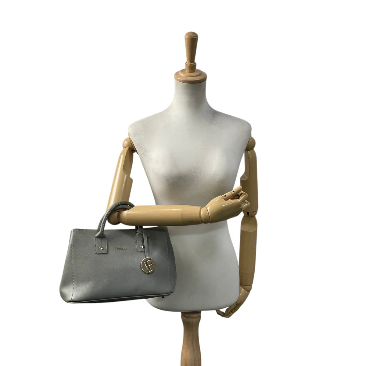 美品 FURLA フルラ LINDA リンダ 2way ハンドバッグ ショルダーバッグ グリーングレー レザー ゴールド金具 ロゴチャーム ミニトート 斜め掛け クロスボディ サイドスナップ レディース S22