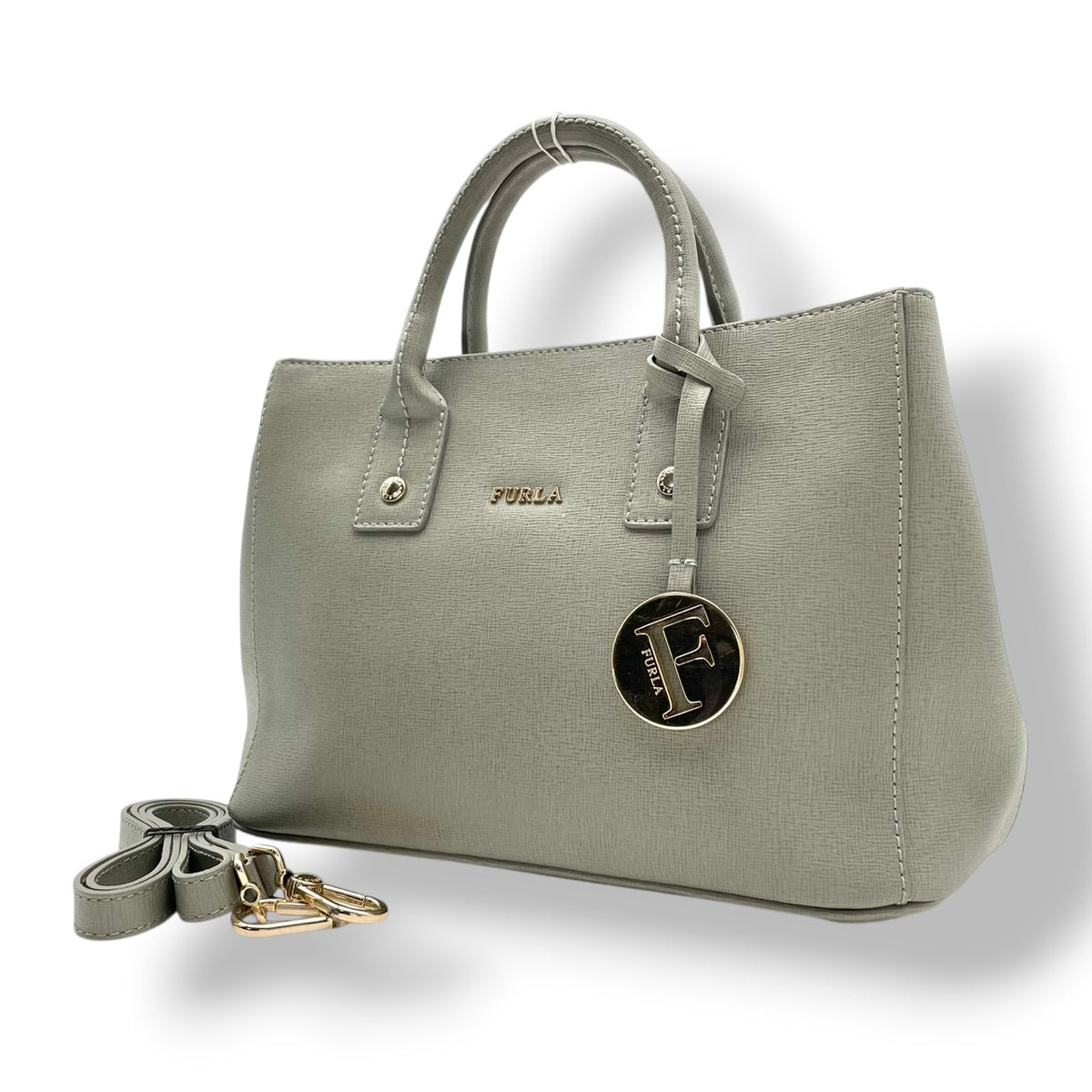 美品 FURLA フルラ LINDA リンダ 2way ハンドバッグ ショルダーバッグ グリーングレー レザー ゴールド金具 ロゴチャーム ミニトート 斜め掛け クロスボディ サイドスナップ レディース S22