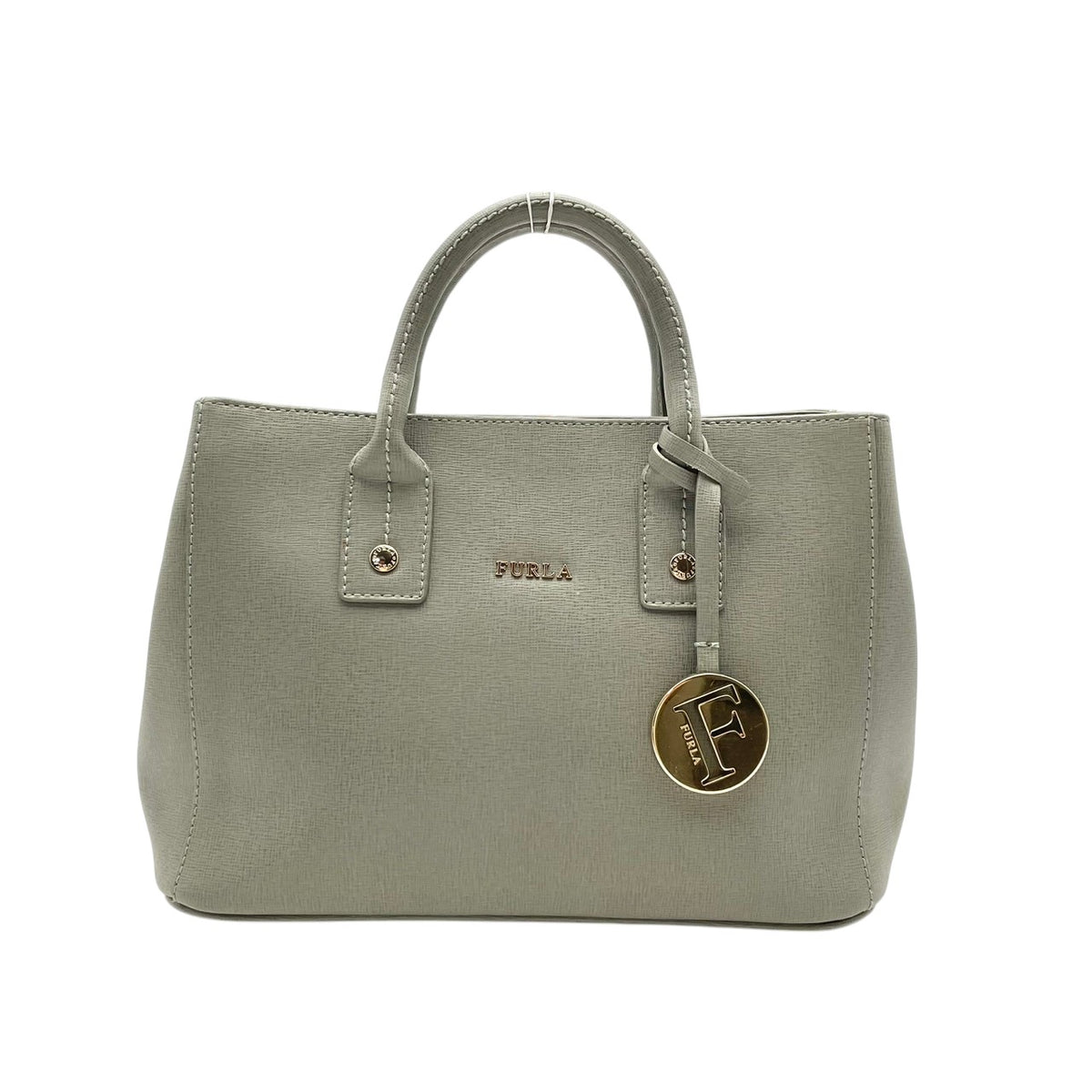 美品 FURLA フルラ LINDA リンダ 2way ハンドバッグ ショルダーバッグ グリーングレー レザー ゴールド金具 ロゴチャーム ミニトート 斜め掛け クロスボディ サイドスナップ レディース S22